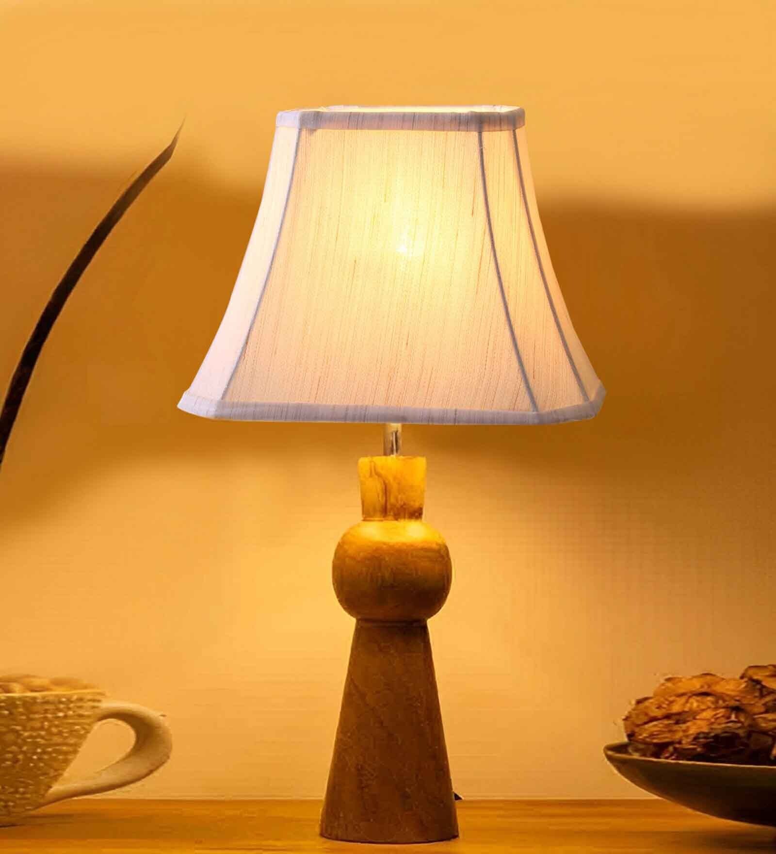 Off-white cotton Vintage  lamp with wood base (12x8x20.75)