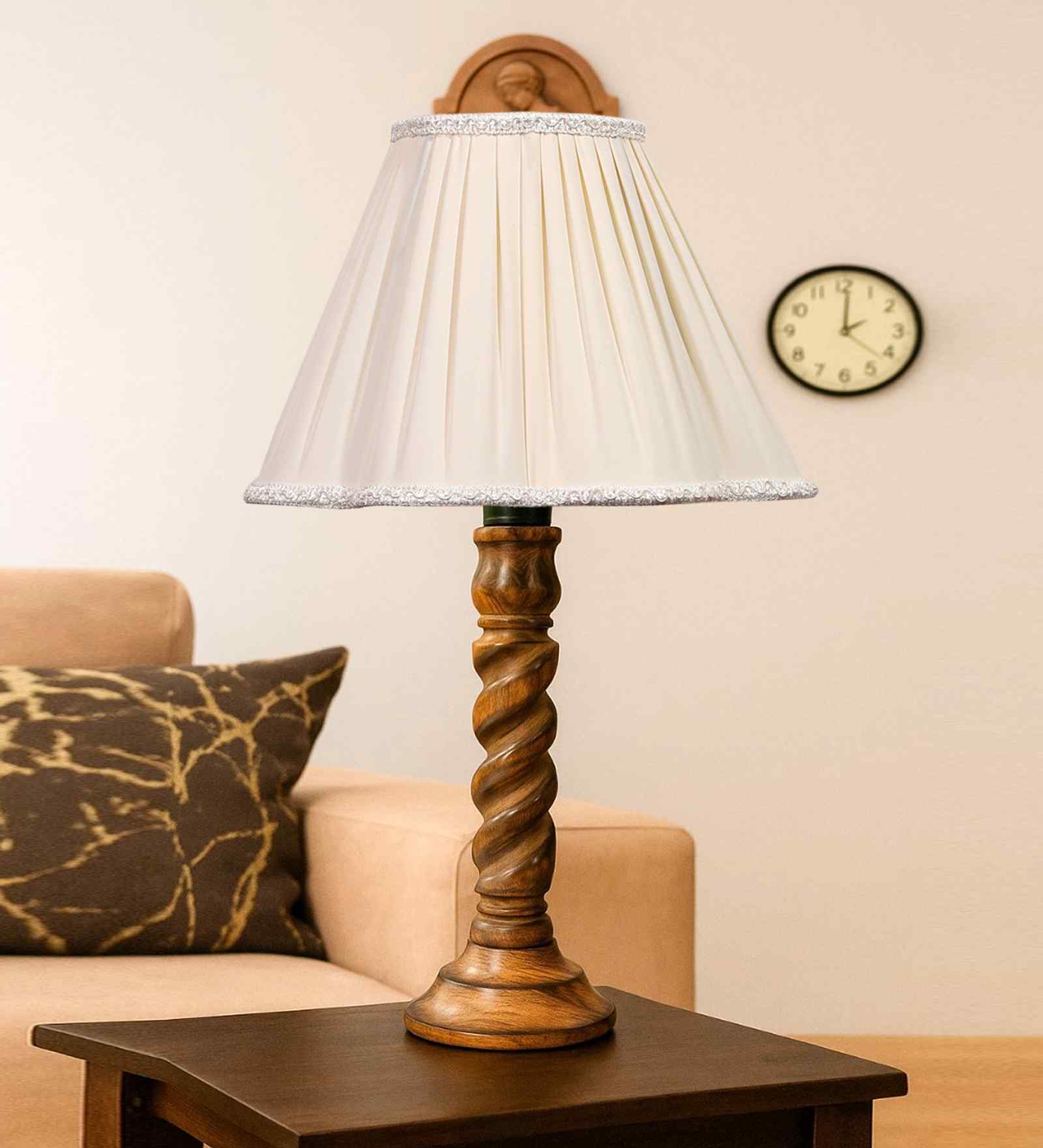 Off-White Cotton Vintage  Lamp With Wood Base 12X19.75