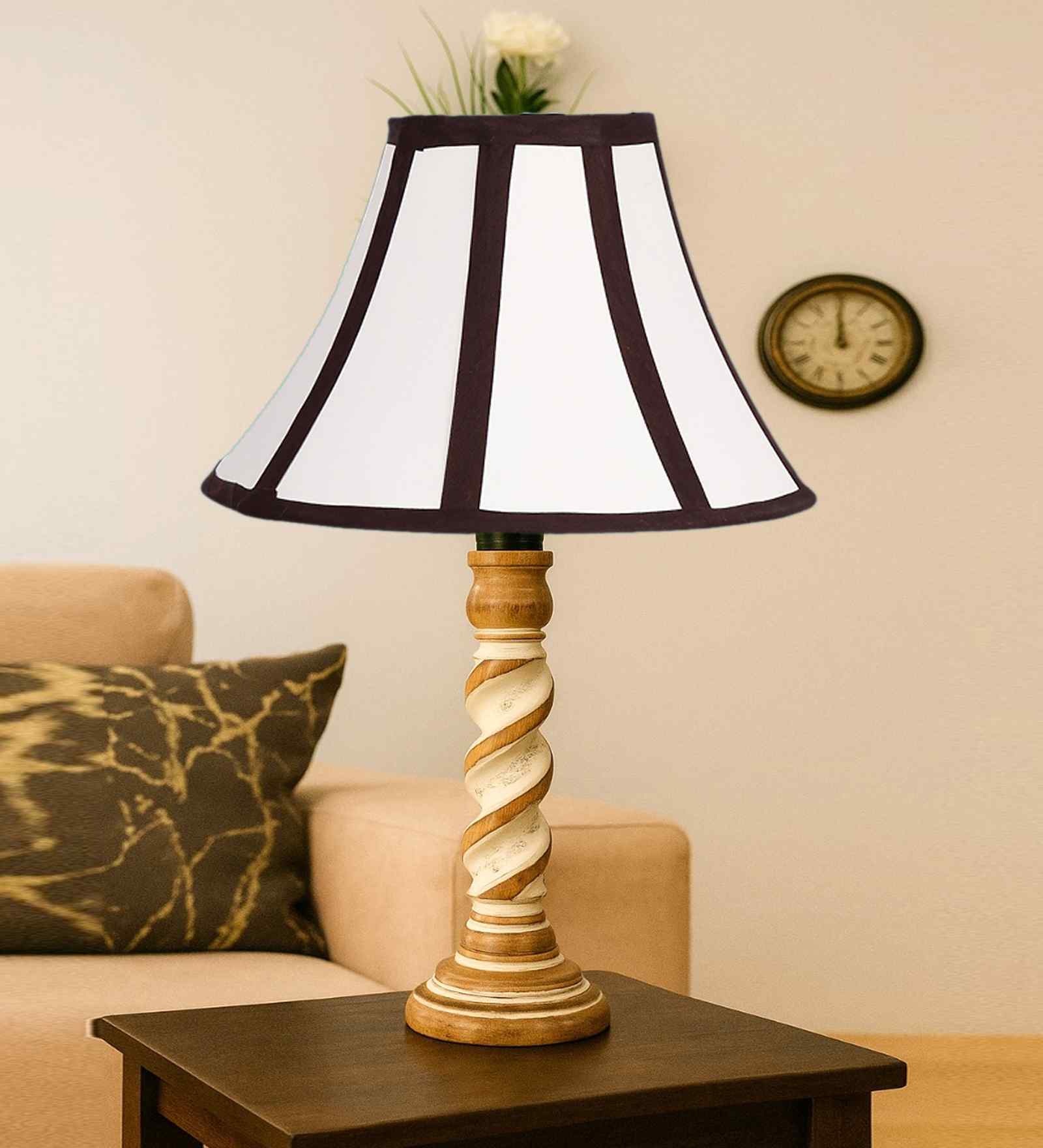 Off-White Cotton Vintage  Lamp With Wood Base 12X19.75