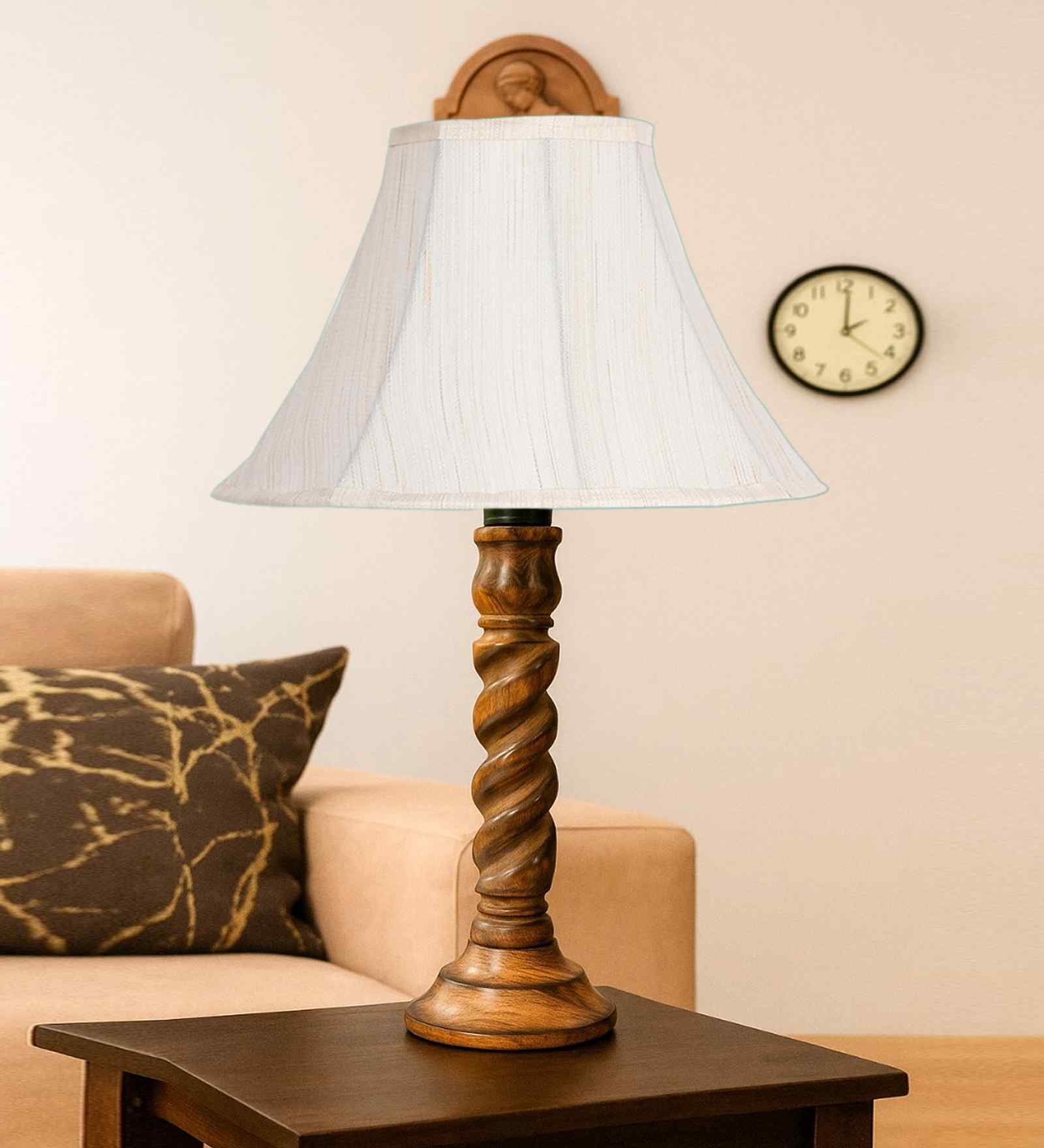 Off-White Cotton Vintage  Lamp With Wood Base 12X19.75