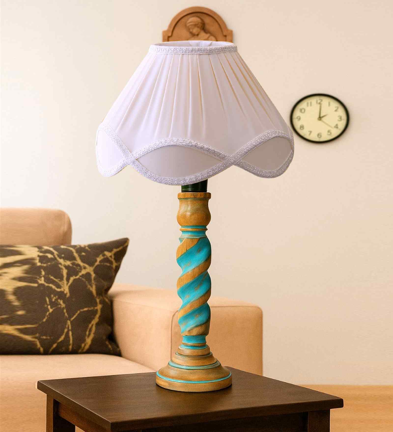Off-White Cotton Vintage  Lamp With Wood Base 12X20.75