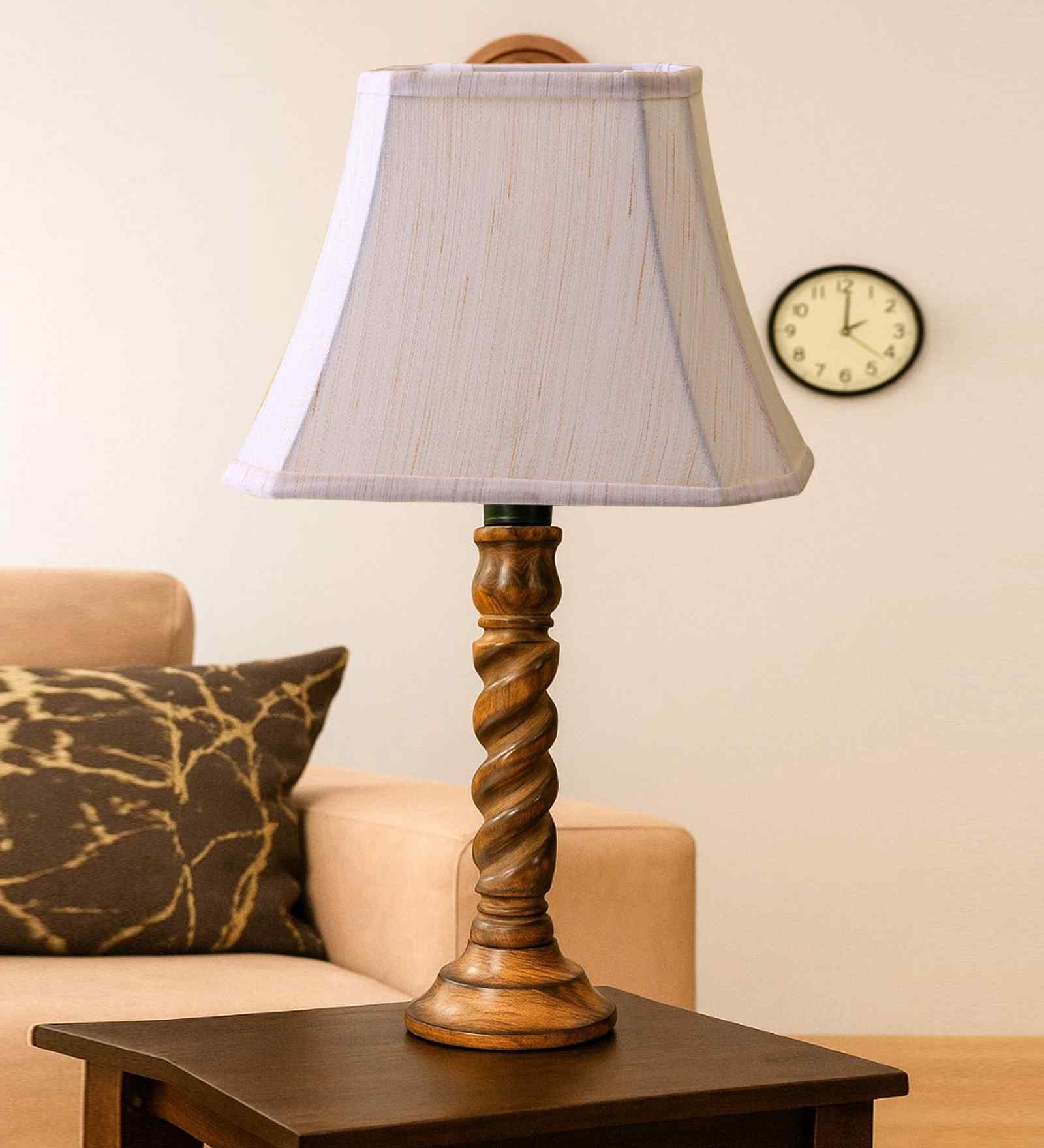 Off-White Cotton Vintage  Lamp With Wood Base 12X8X21