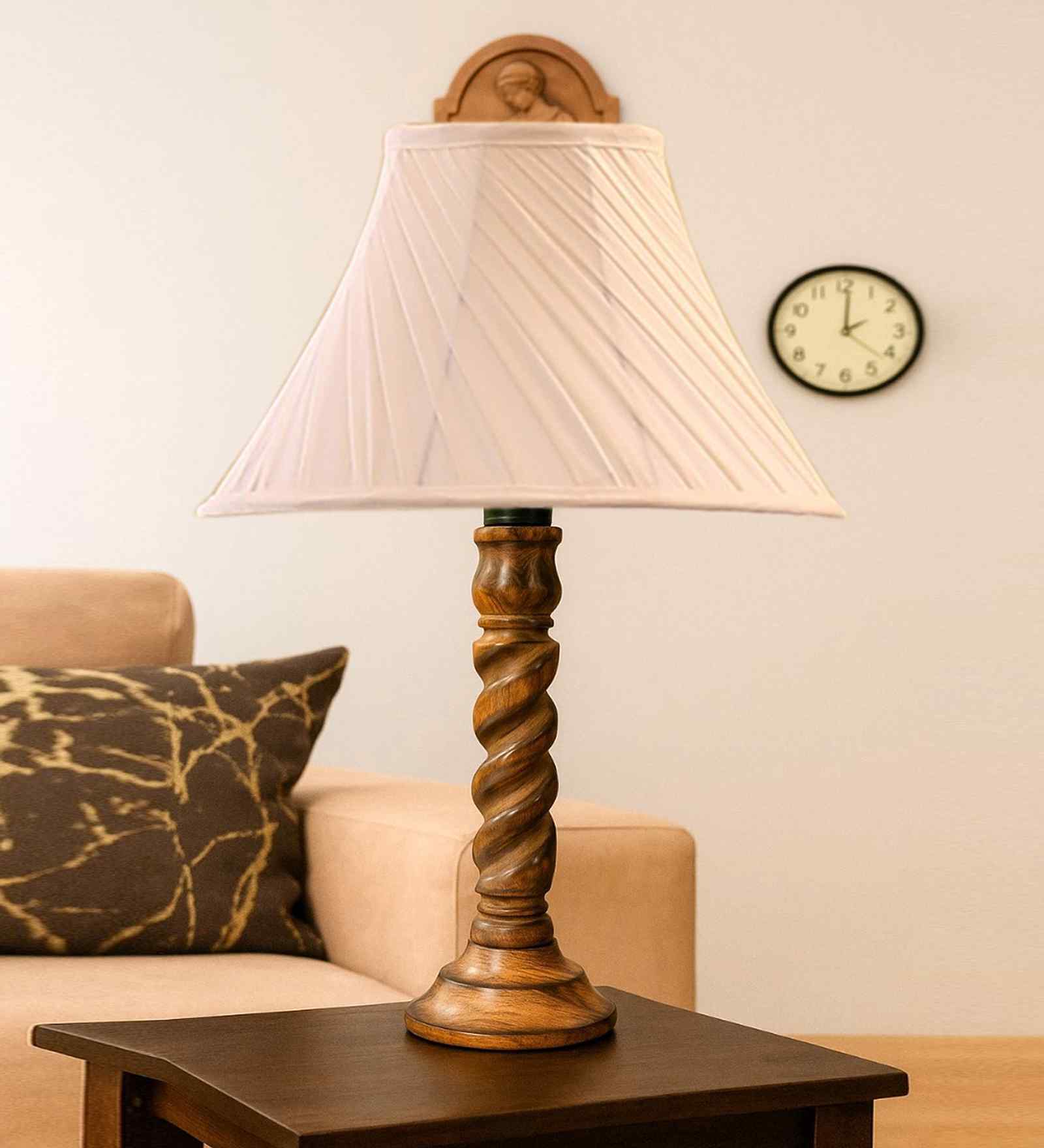 Off-White Cotton Vintage Cross Pleated   Lamp With Wood Base 12X19.75