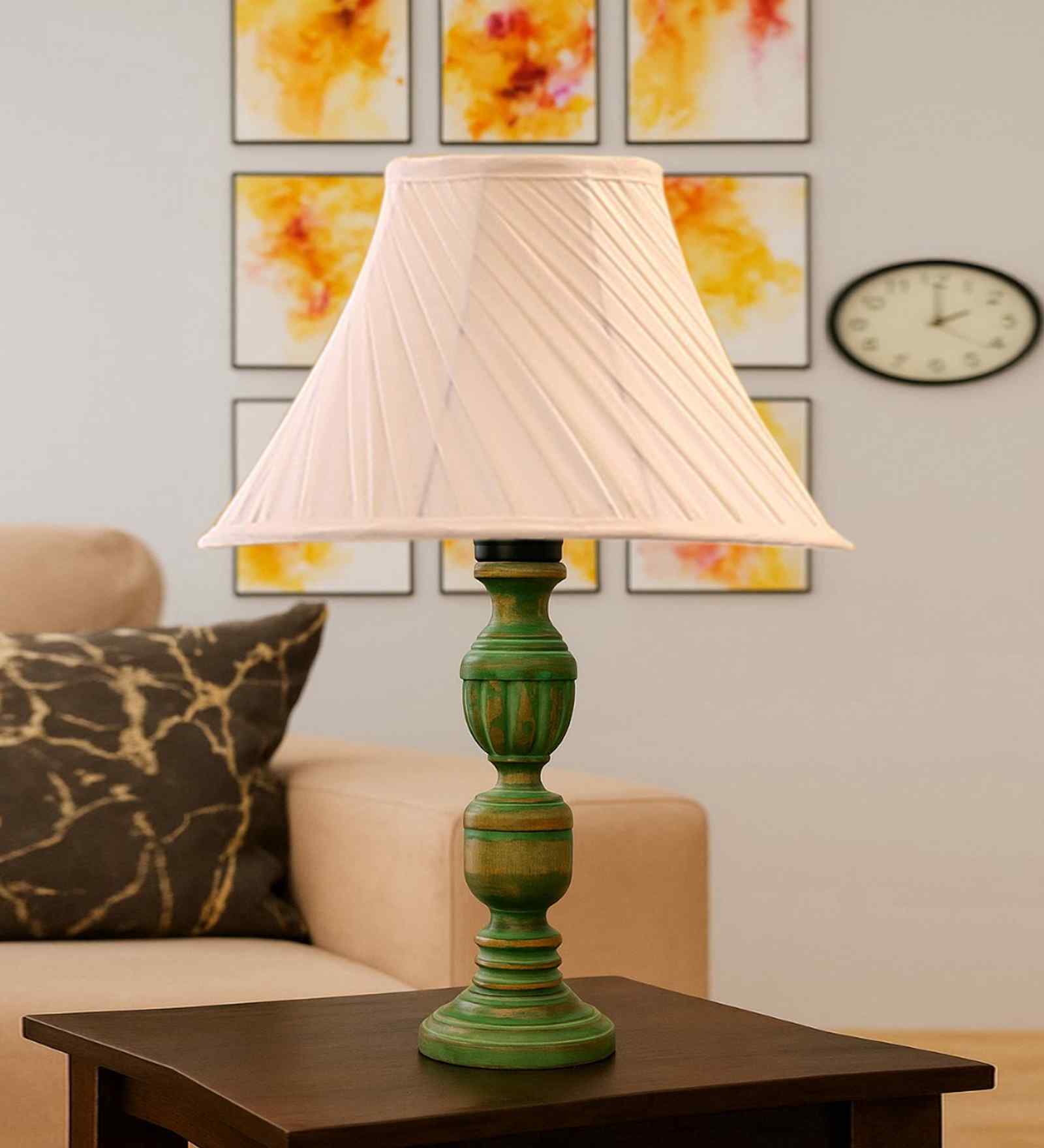 Off-White Cotton Vintage Cross Pleated   Lamp With Wood Base 12X19.75