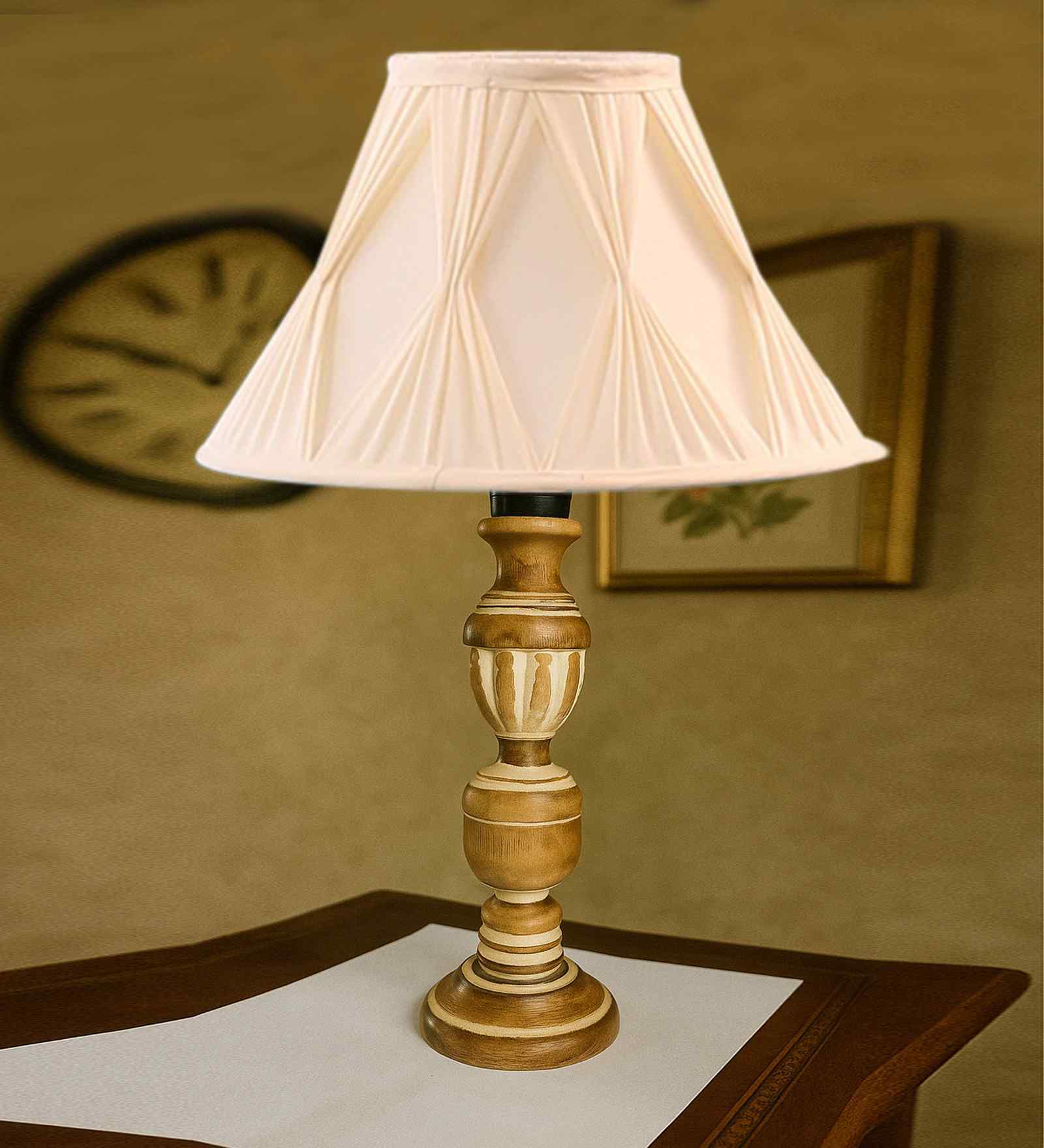 Off-White Cotton Vintage Curtain Pleated   Lamp With Wood Base 12X19.75