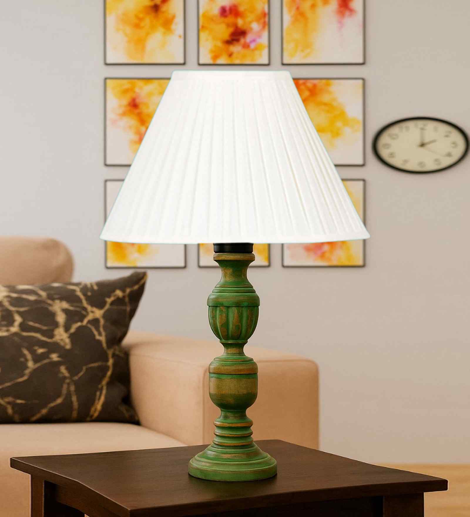 Off-White Cotton Vintage Straight Pleated   Lamp With Wood Base 12X19.75
