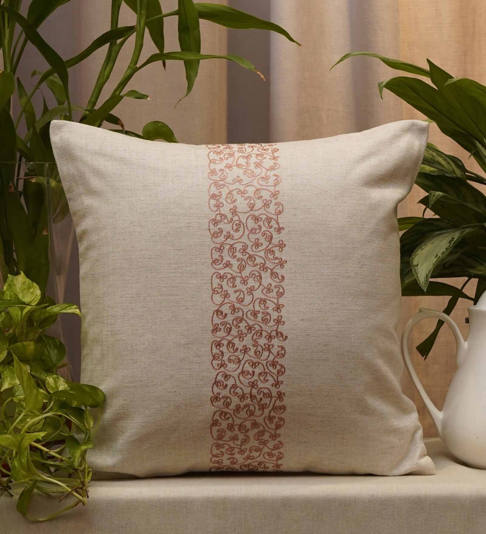 Buy Off White Traditional Blended Cotton 16 x 16 Inches Embroidered