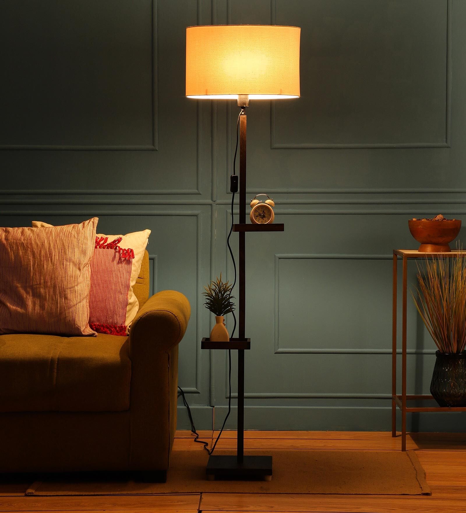Frosted Off White Fabric Shade Shelf Floor Lamp With Wood Base