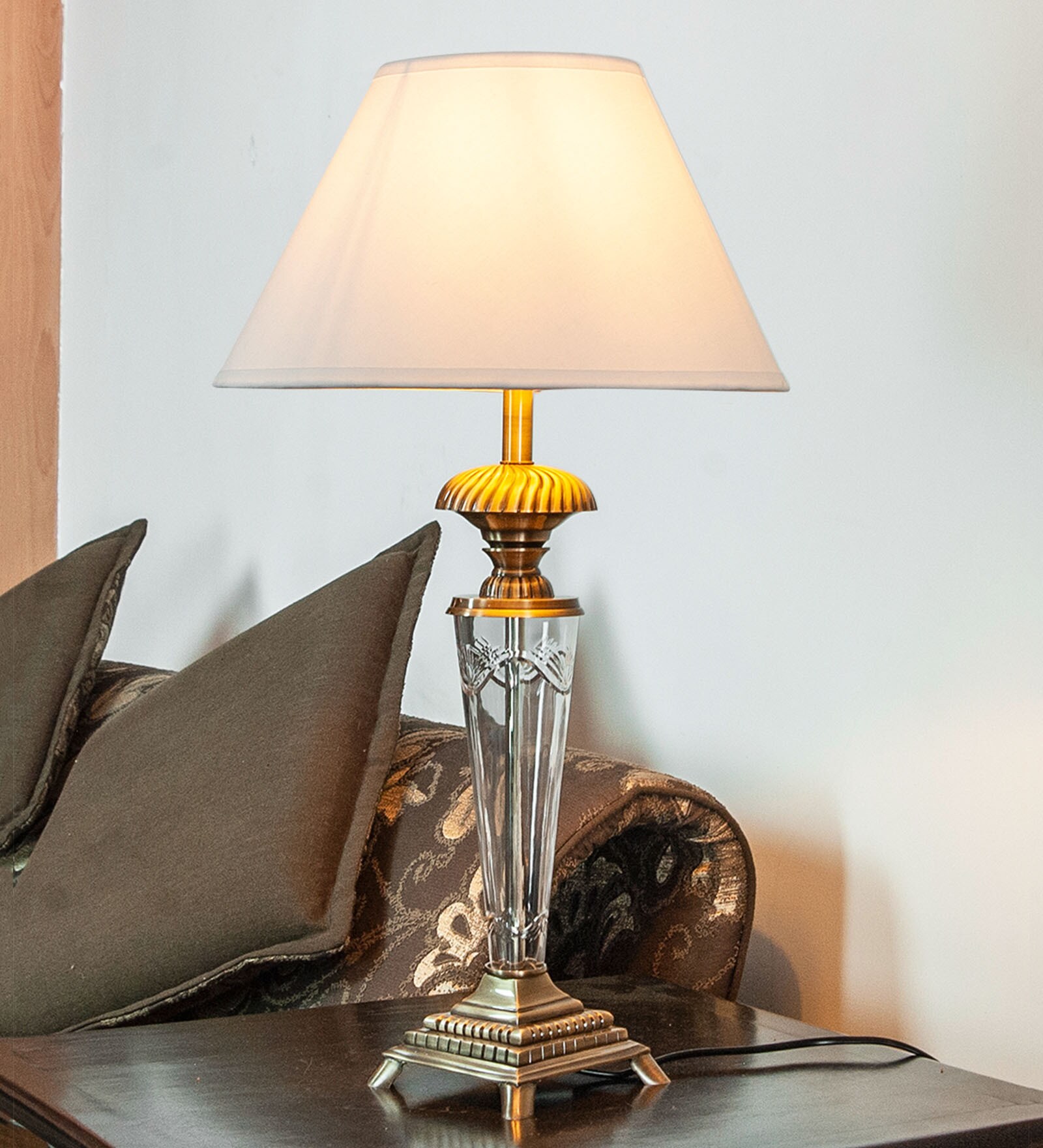 Potenza White Fabric Shade Table Lamp With Glass Base