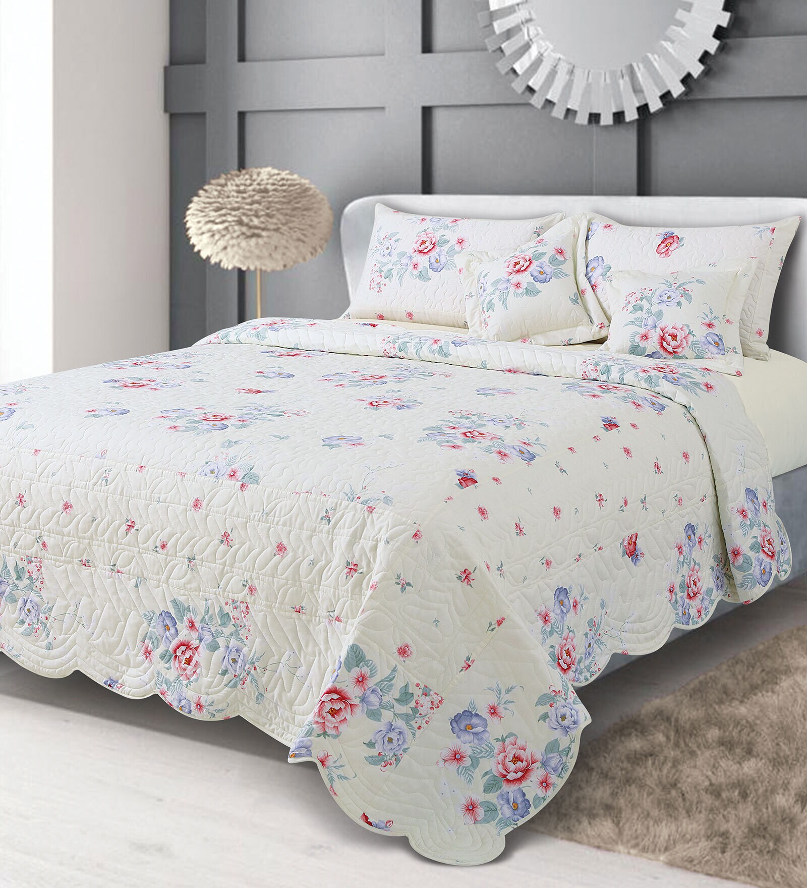 Buy Off White Floral 250 TC Cotton Quilted Double Bed Cover with 2
