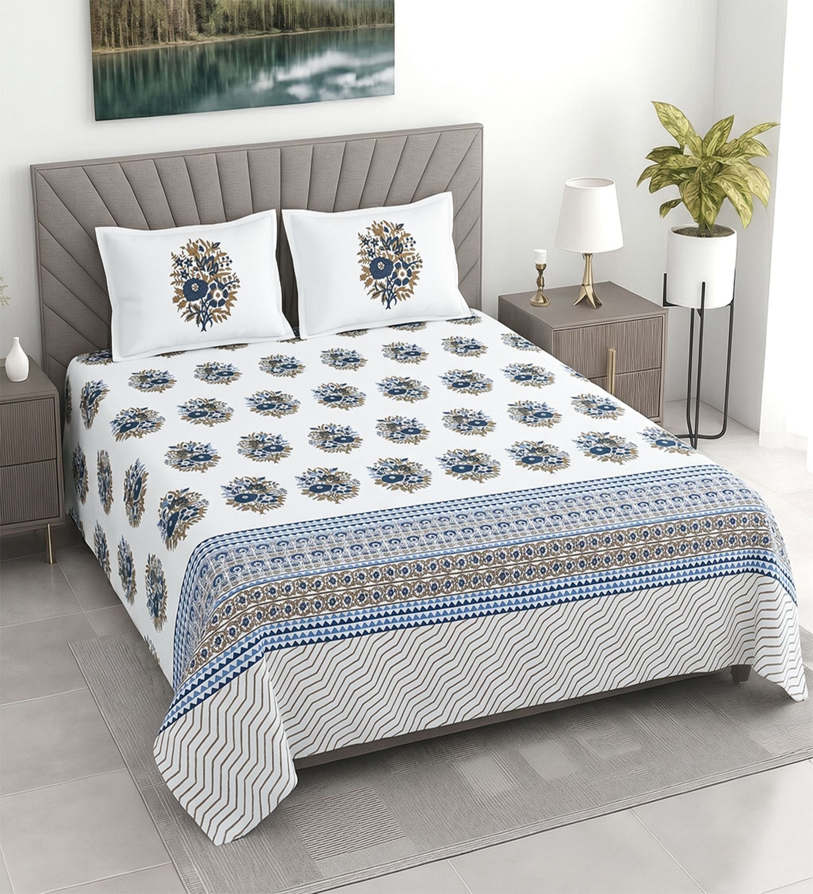 Off White Floral 400 TC Cotton Superking Size Bedsheet With 2 Pillow Covers Threads Heritage Collection