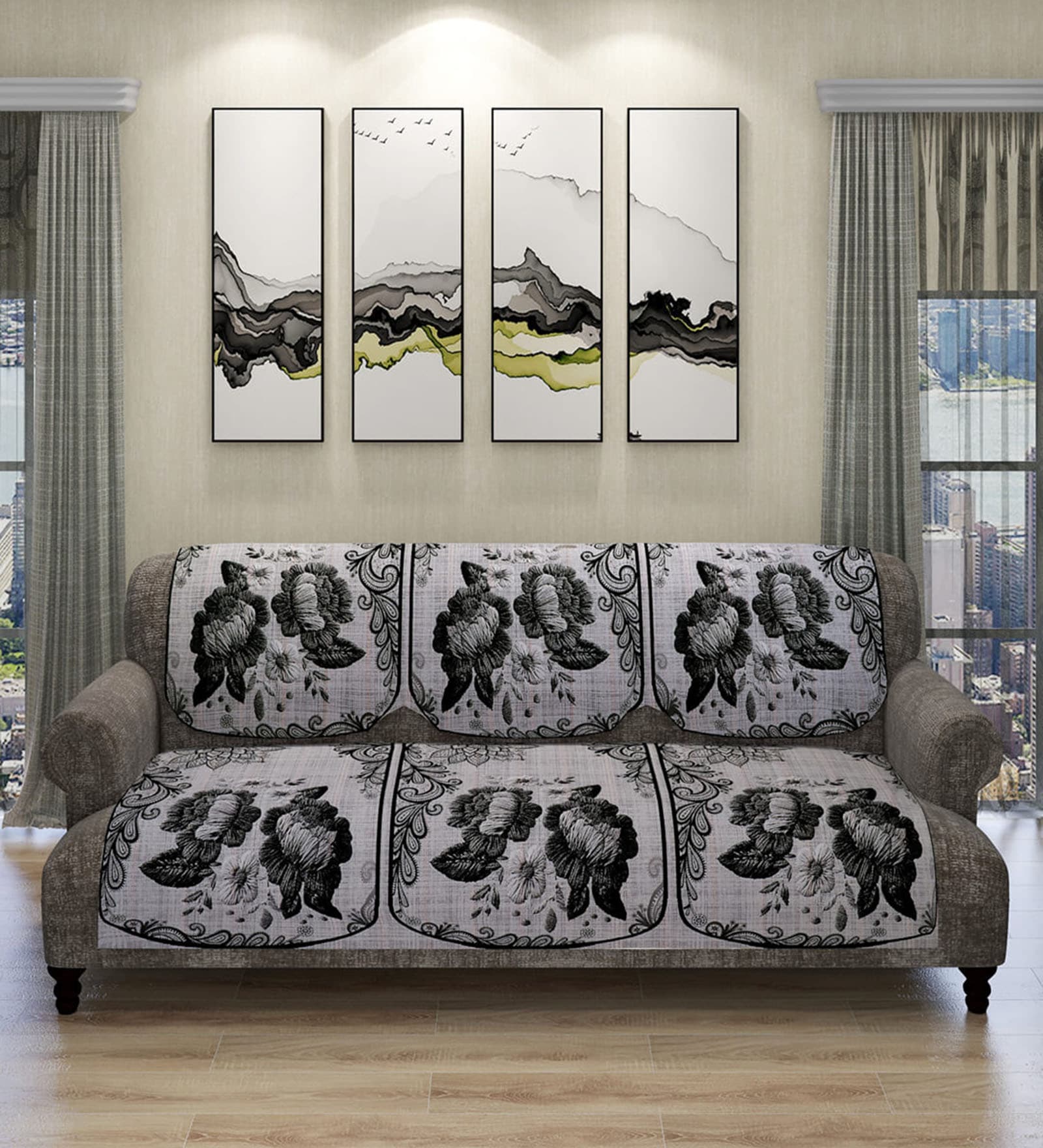 Off White Floral Polyester Velvet 5 Seater Sofa Cover