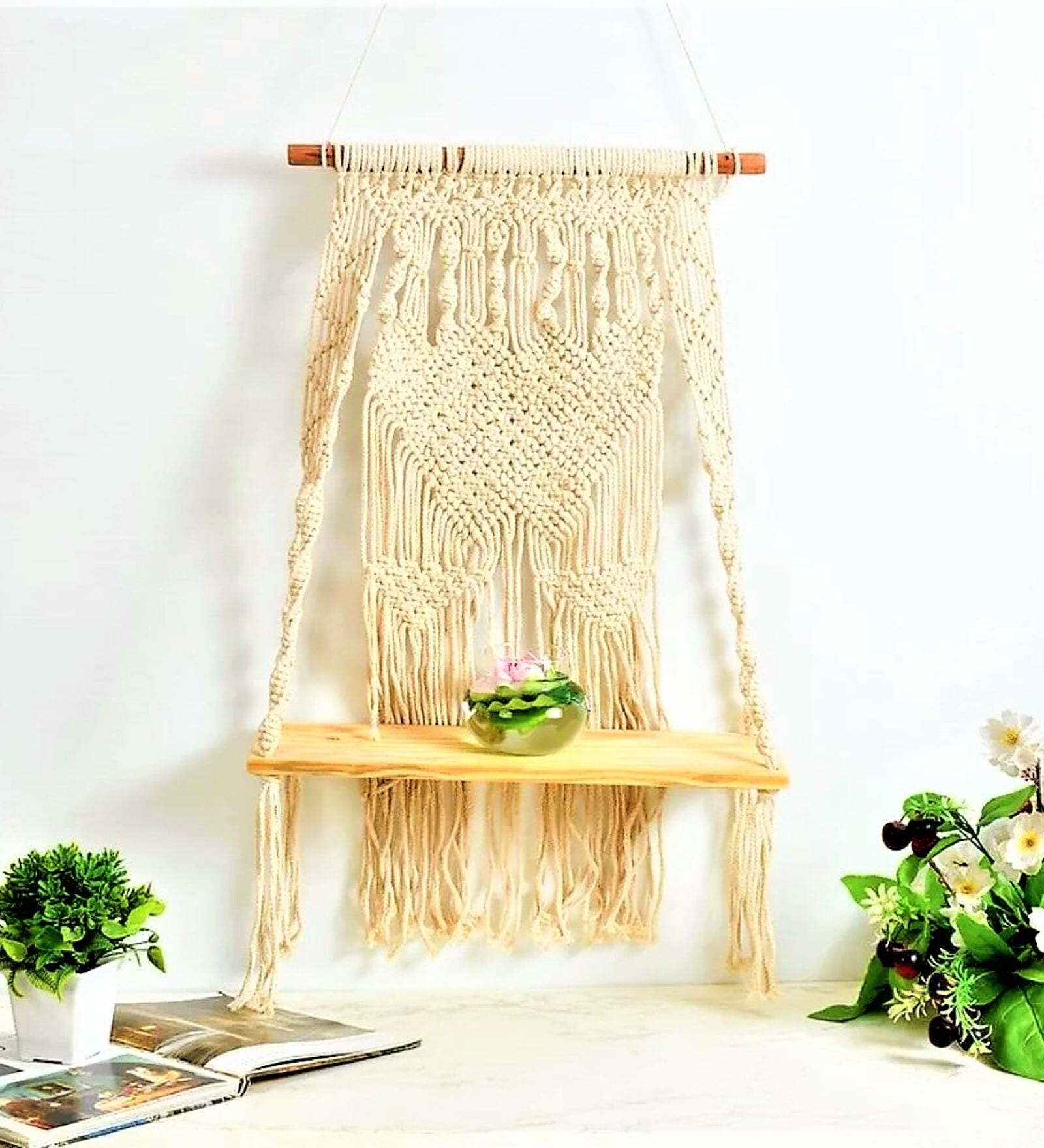 Off White Macrame wall hanging shelf with diamond pattern