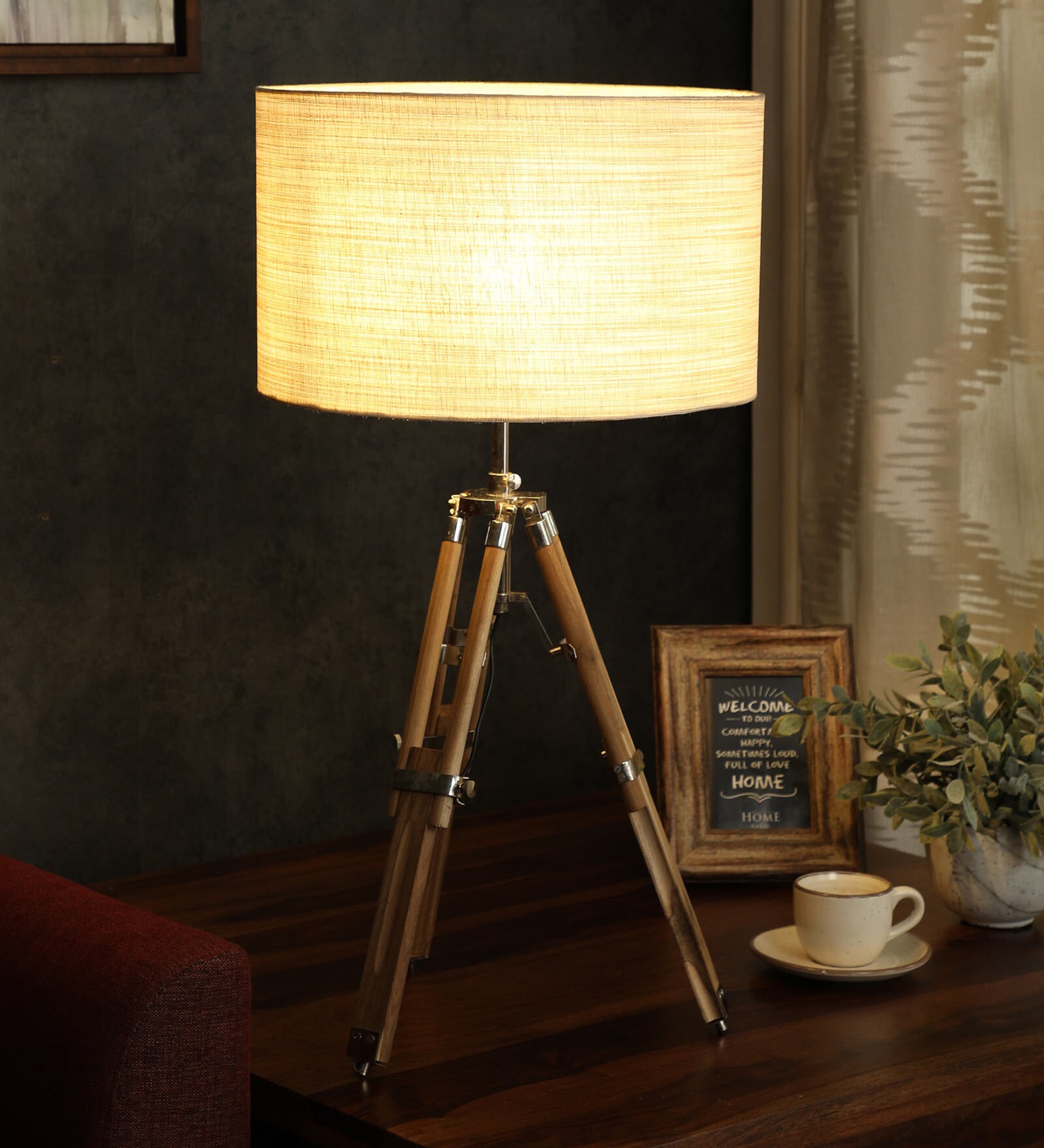 Buy Off White Fabric Shade Tripod Table Lamp with Brown Base by Cocovey ...