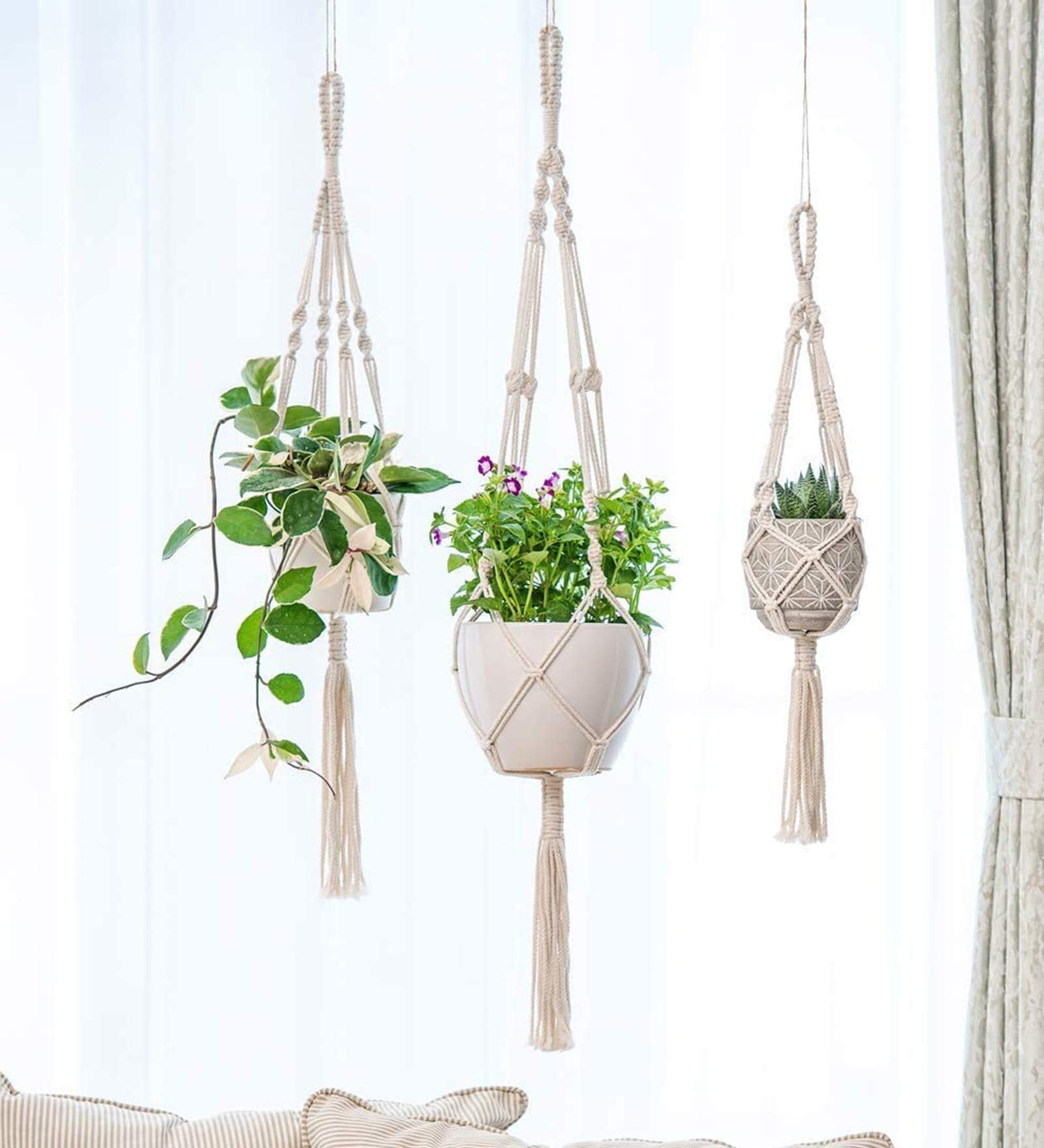 Off White Macrame Designer Hanging Planter (Set of 3)