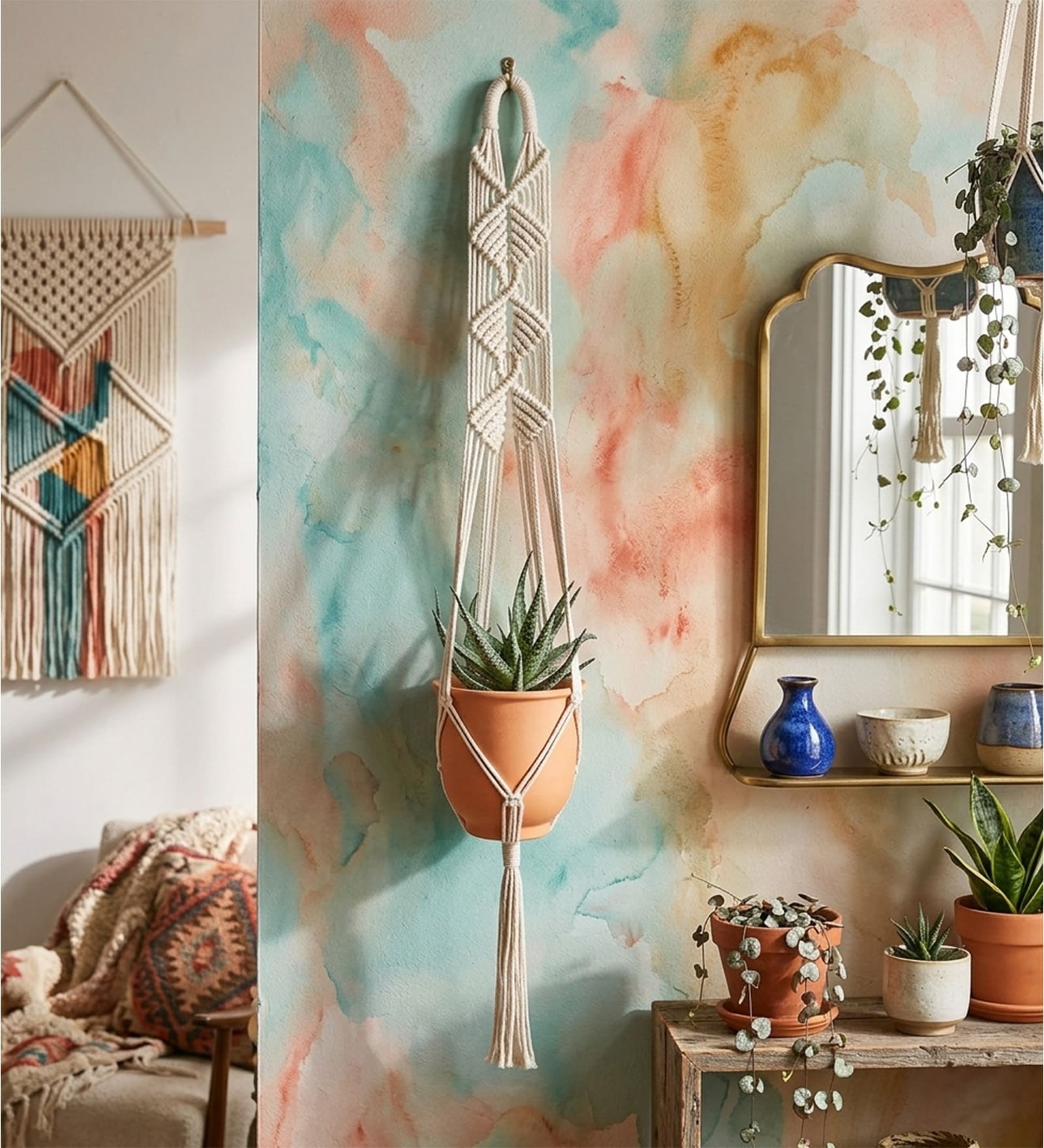 Off White Macrame Mid Century Hanging Planter