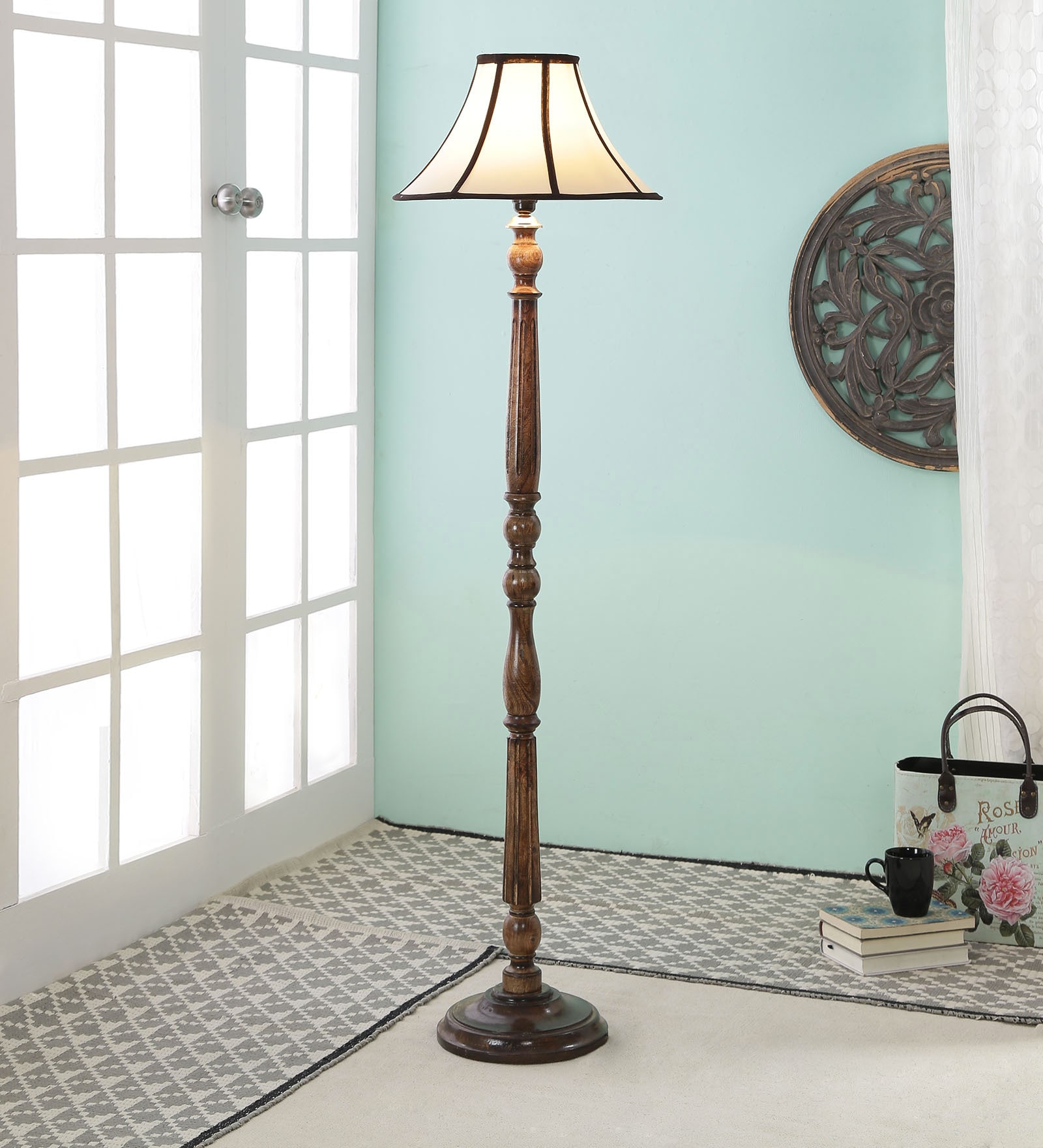 Brown Fabric Shade Floor Lamp with Brown Base