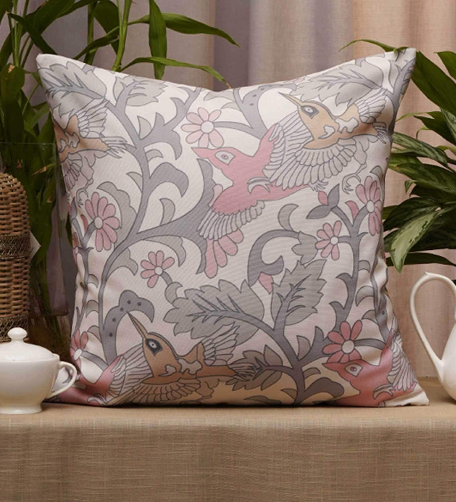 Off White Floral Polycanvas 20 x 20 Inches Cushion Cover