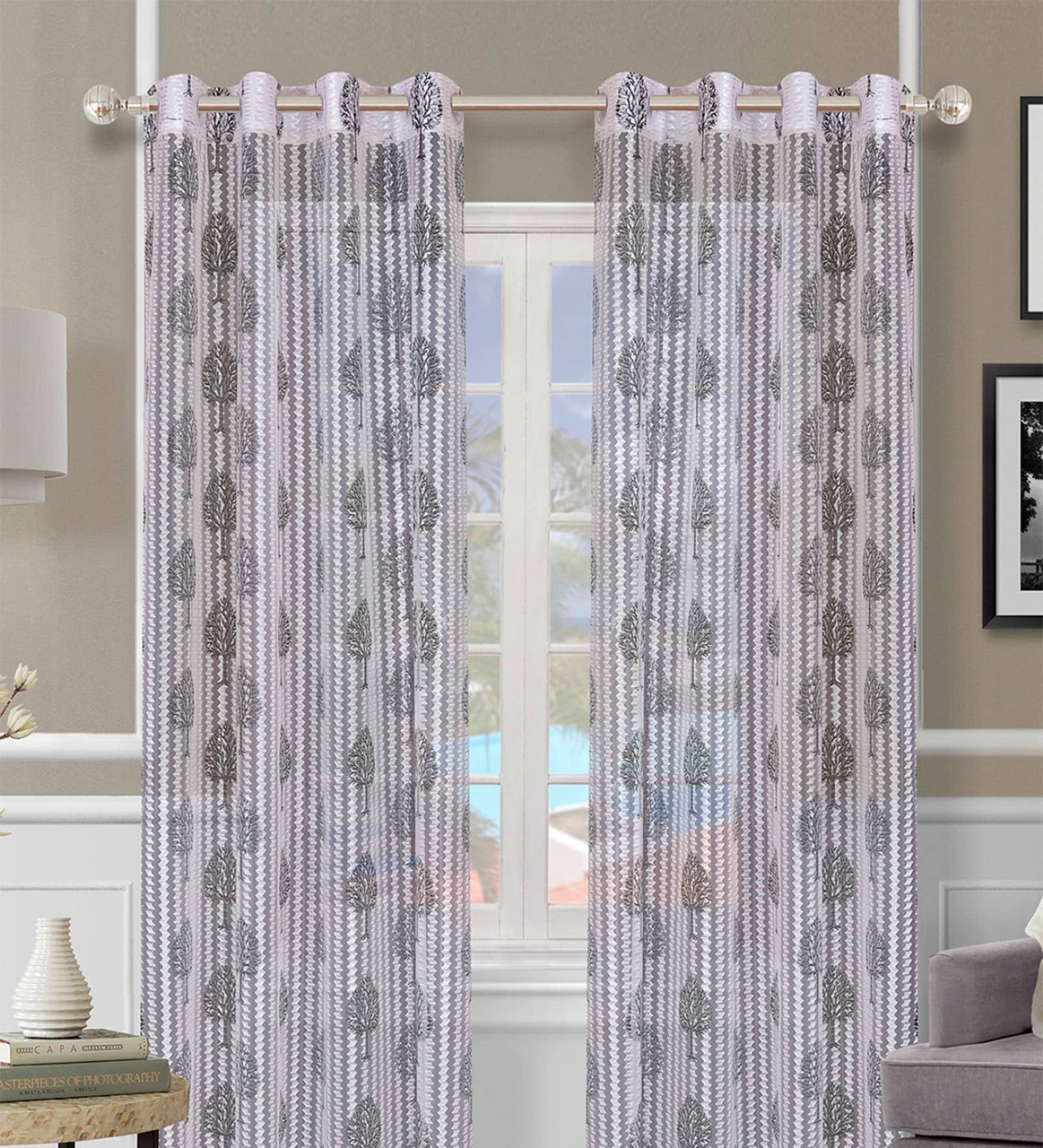 Off White Polyester Floral Light Filtering Eyelet 7 Feet Door Curtains (2 Pc)