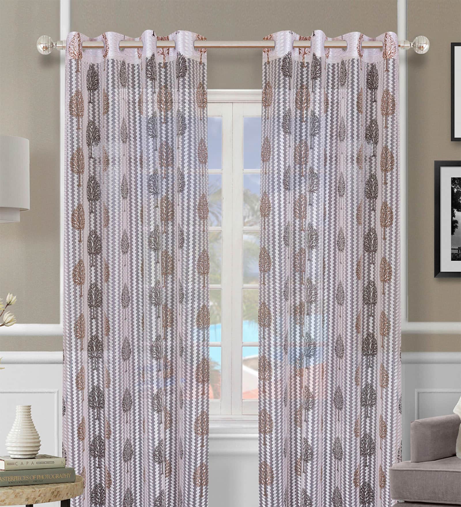 Off White Polyester Floral Light Filtering Eyelet 9 Feet Door Curtains (2 Pc)