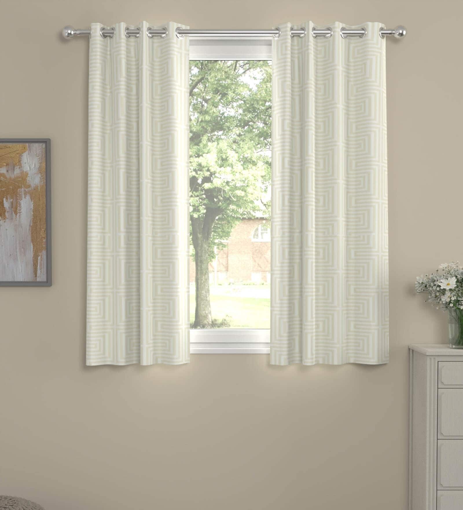 Off White Polyester Abstract 5ft Semisheer Eyelet (2 pc) Window Curtains
