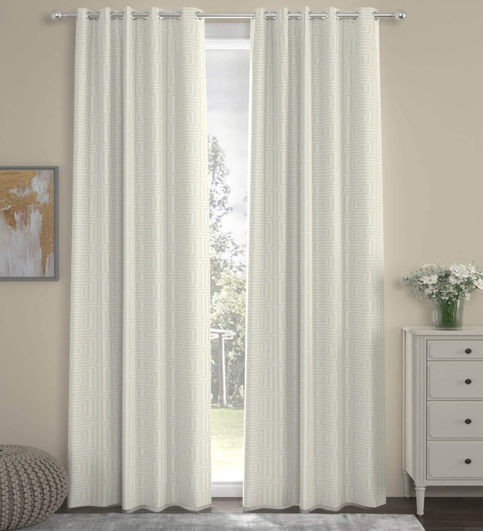 Off White Polyester Abstract 9ft Semisheer Eyelet (2 pc) Long Door Curtains