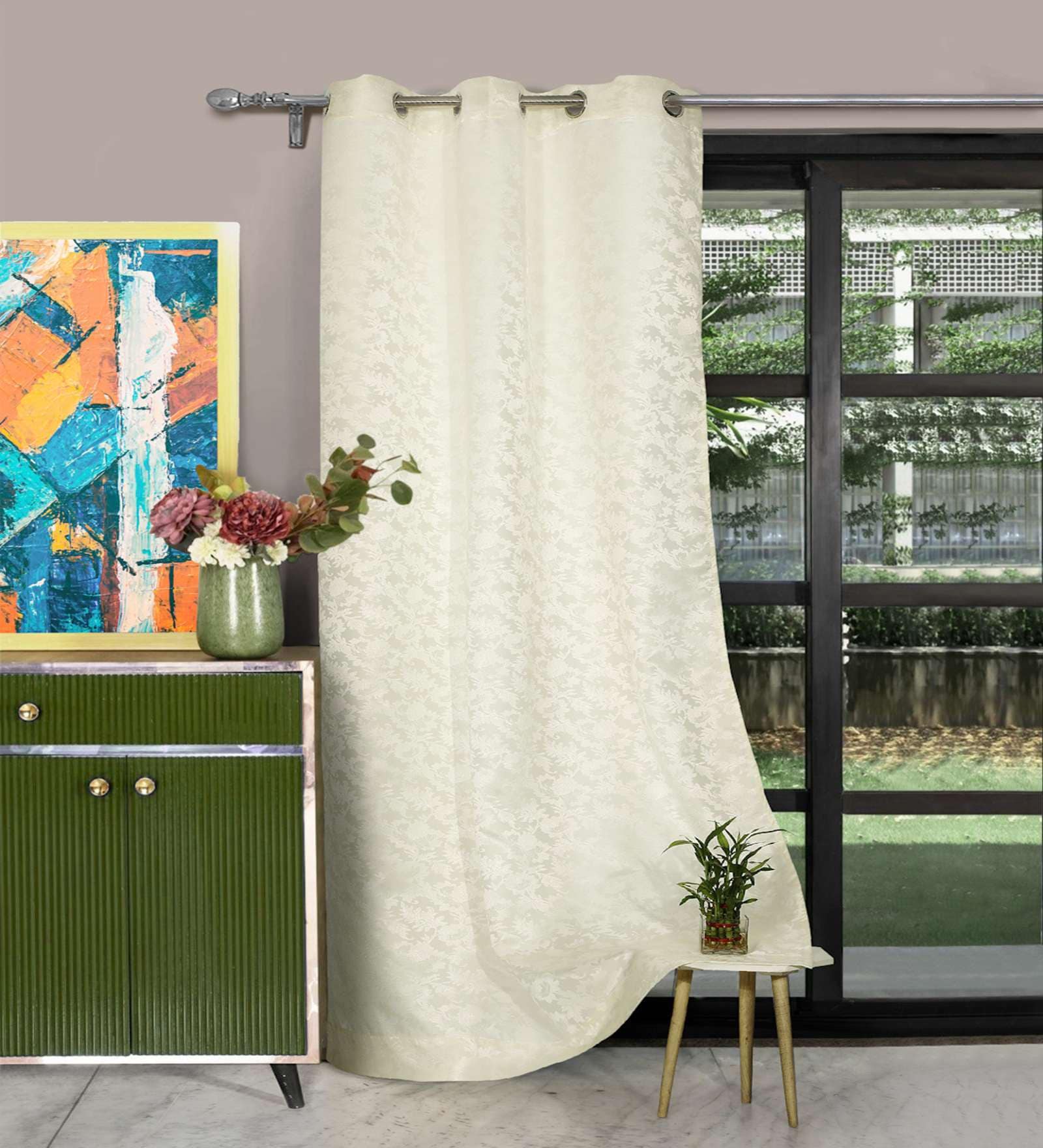 Off White Polyester Jacquard 7ft Regular Eyelet Door Curtain