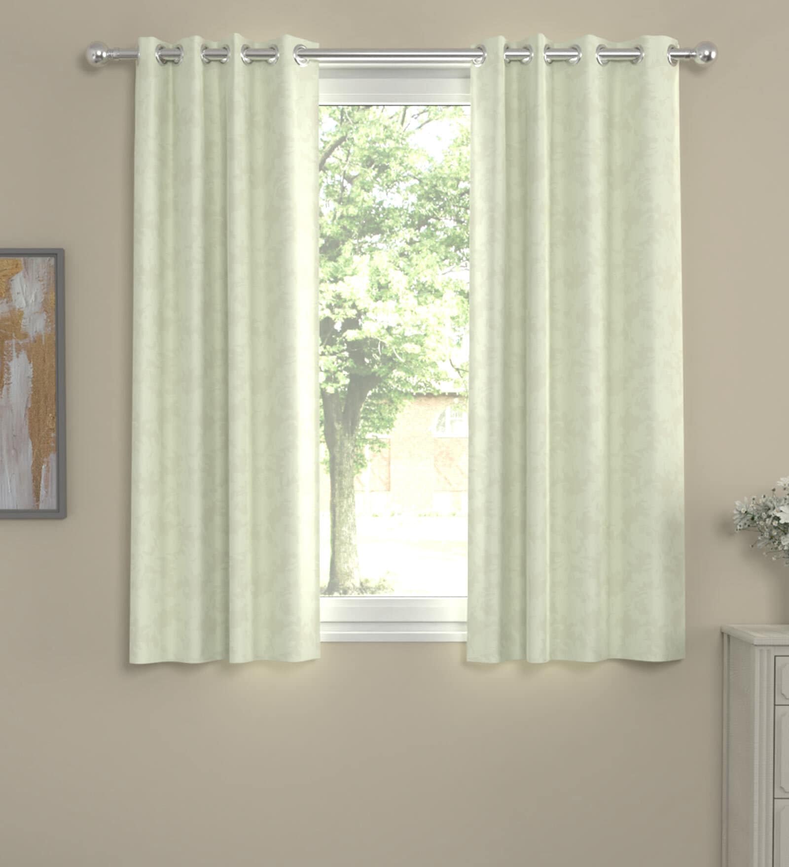 Lime  Polyester Floral  5 Ft  Semisheer Eyelet 2 Window Curtains