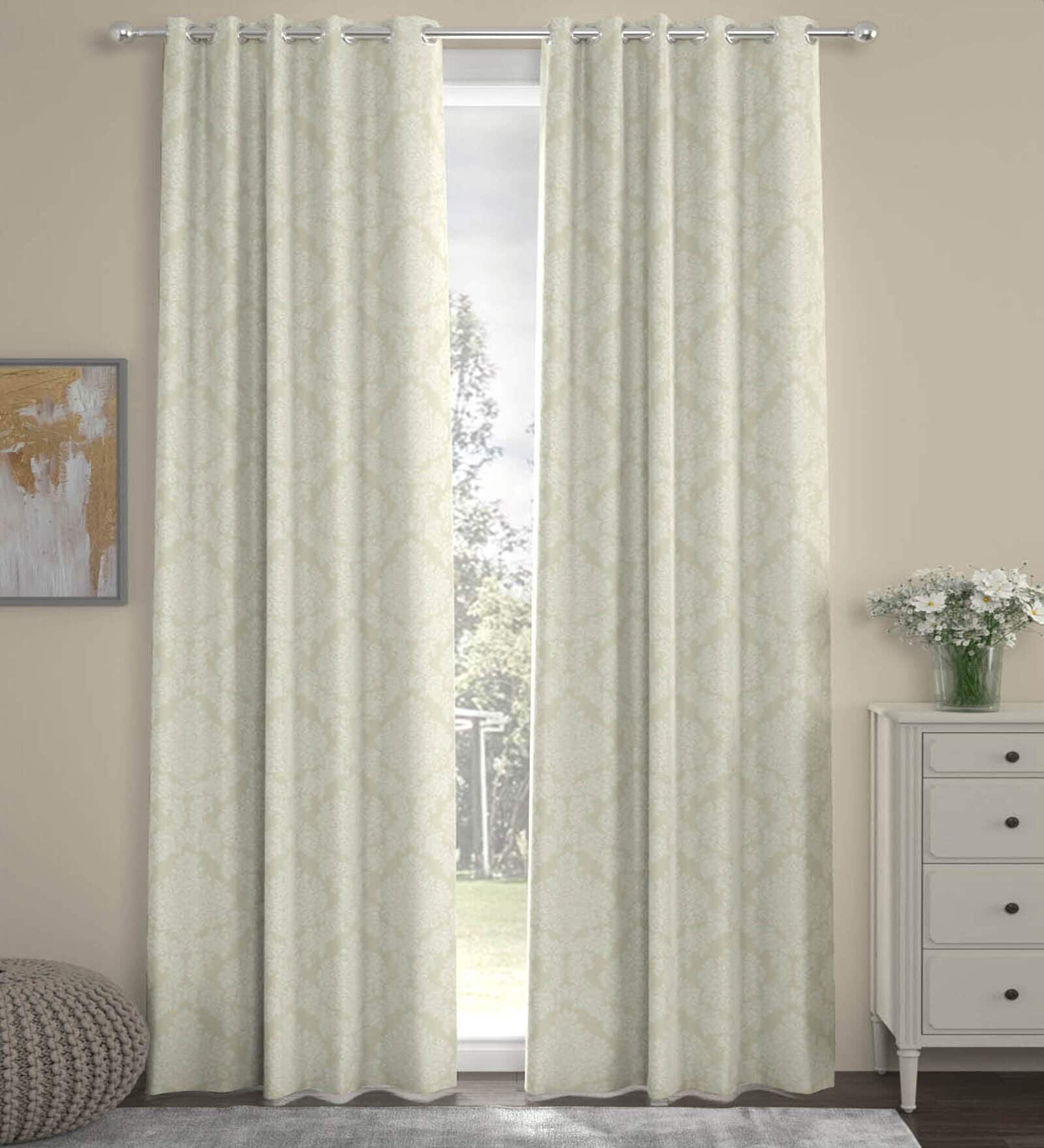 Off White Polyester Traditional 7ft Semisheer Eyelet (2 Pc) Door Curtains