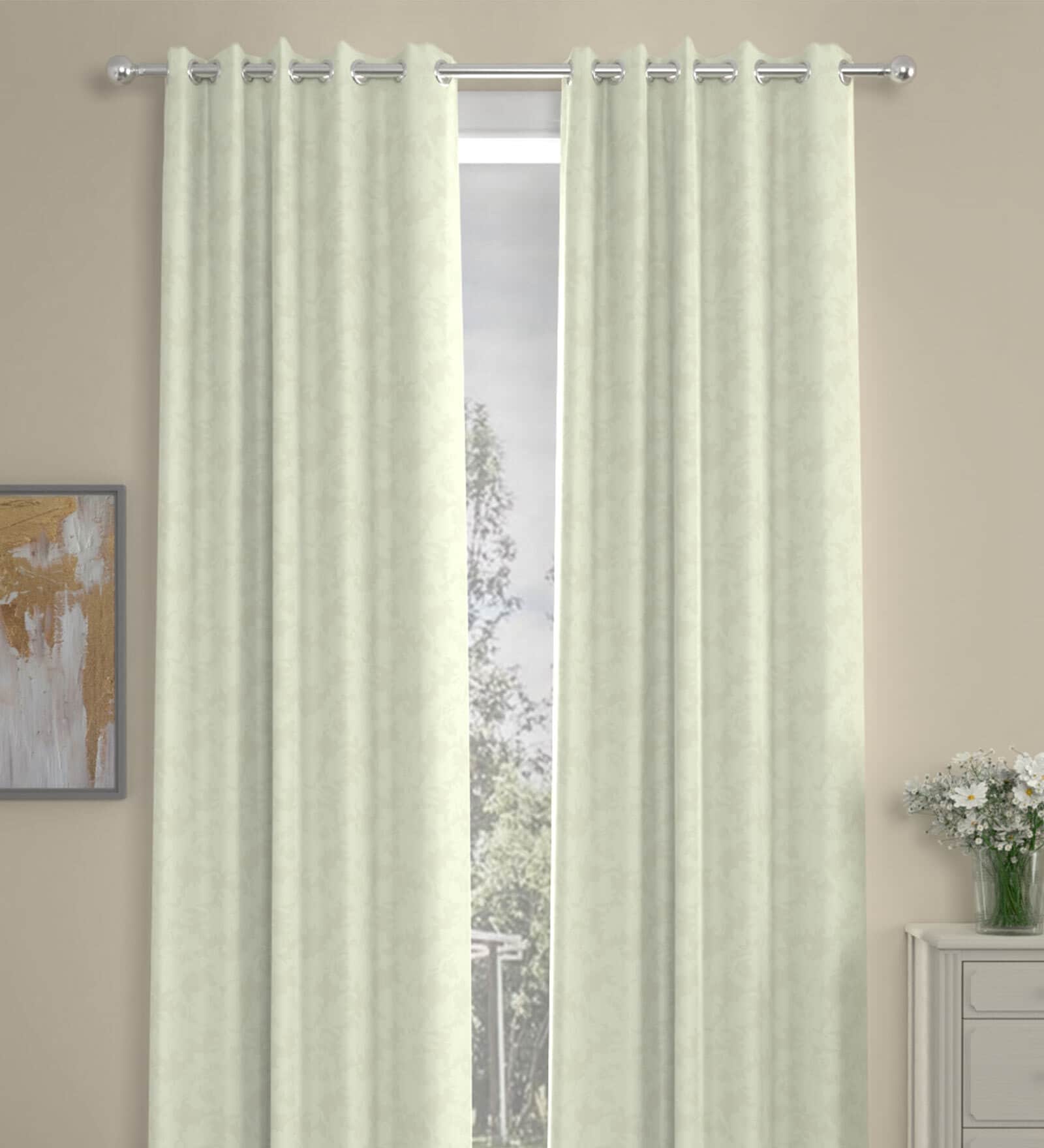 Off White Polyester Traditional 9 Ft Semisheer Eyelet 2 Door Curtains