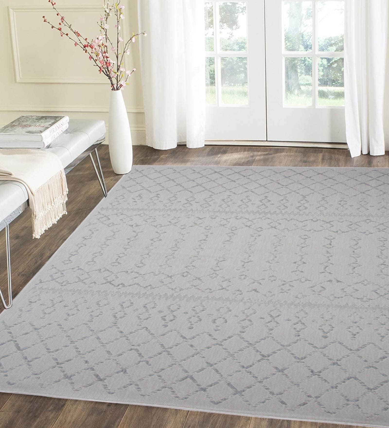 Off White Geometric Polypropylene 6 ft x 9 ft Machine Made Carpet