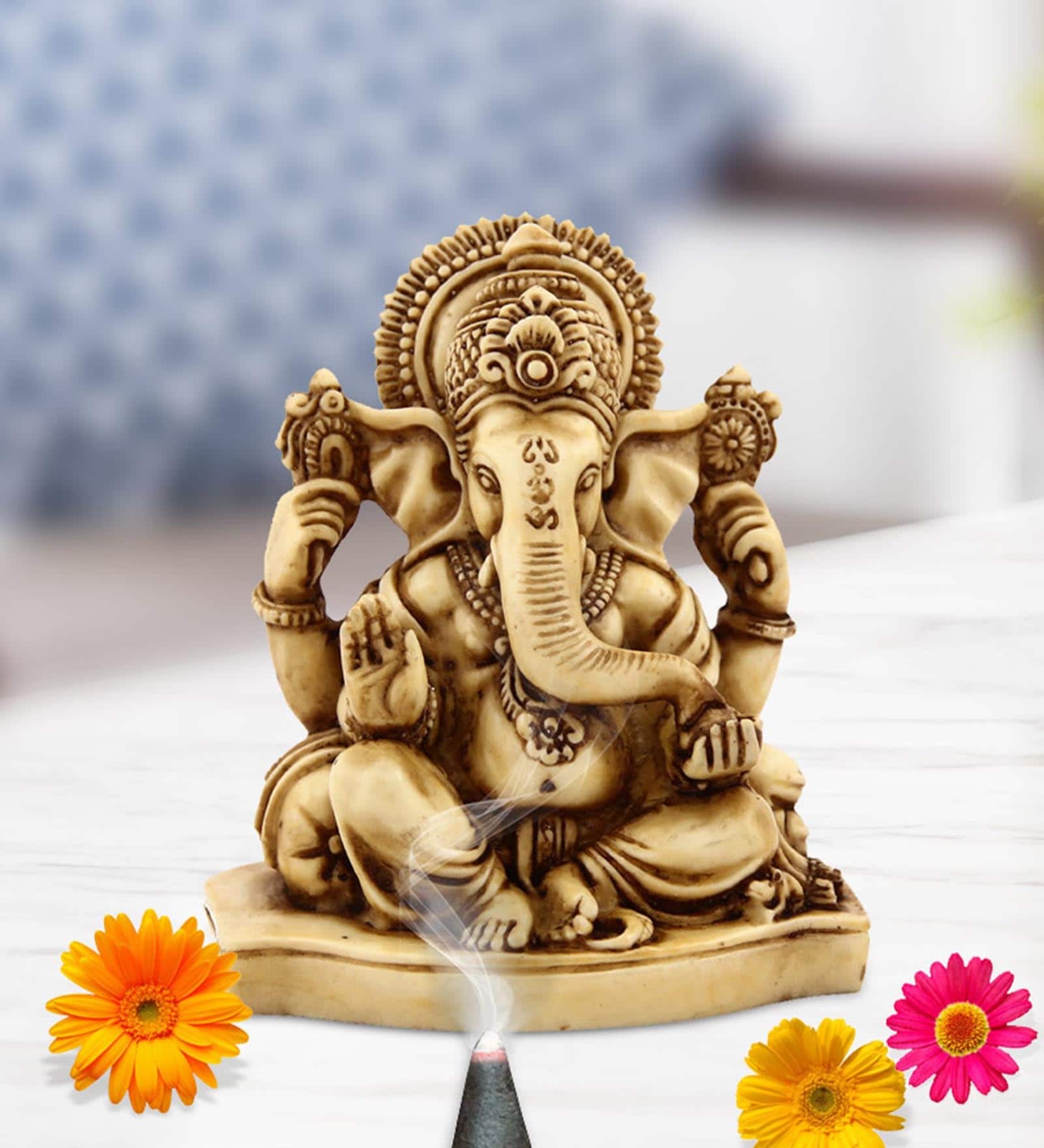 Off White Resin Ganesha Carved In Antique Ivory Finish Idol