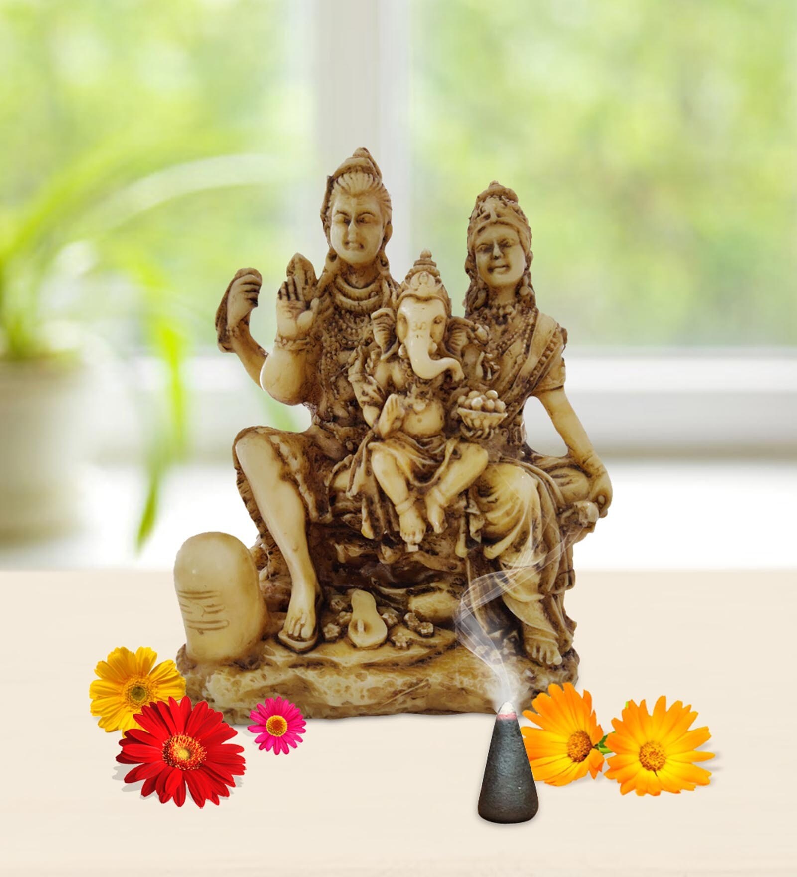 Off White Resin Shiv Parivar (Shivji, Parwatiji And Ganeshji) Seated Together Idol