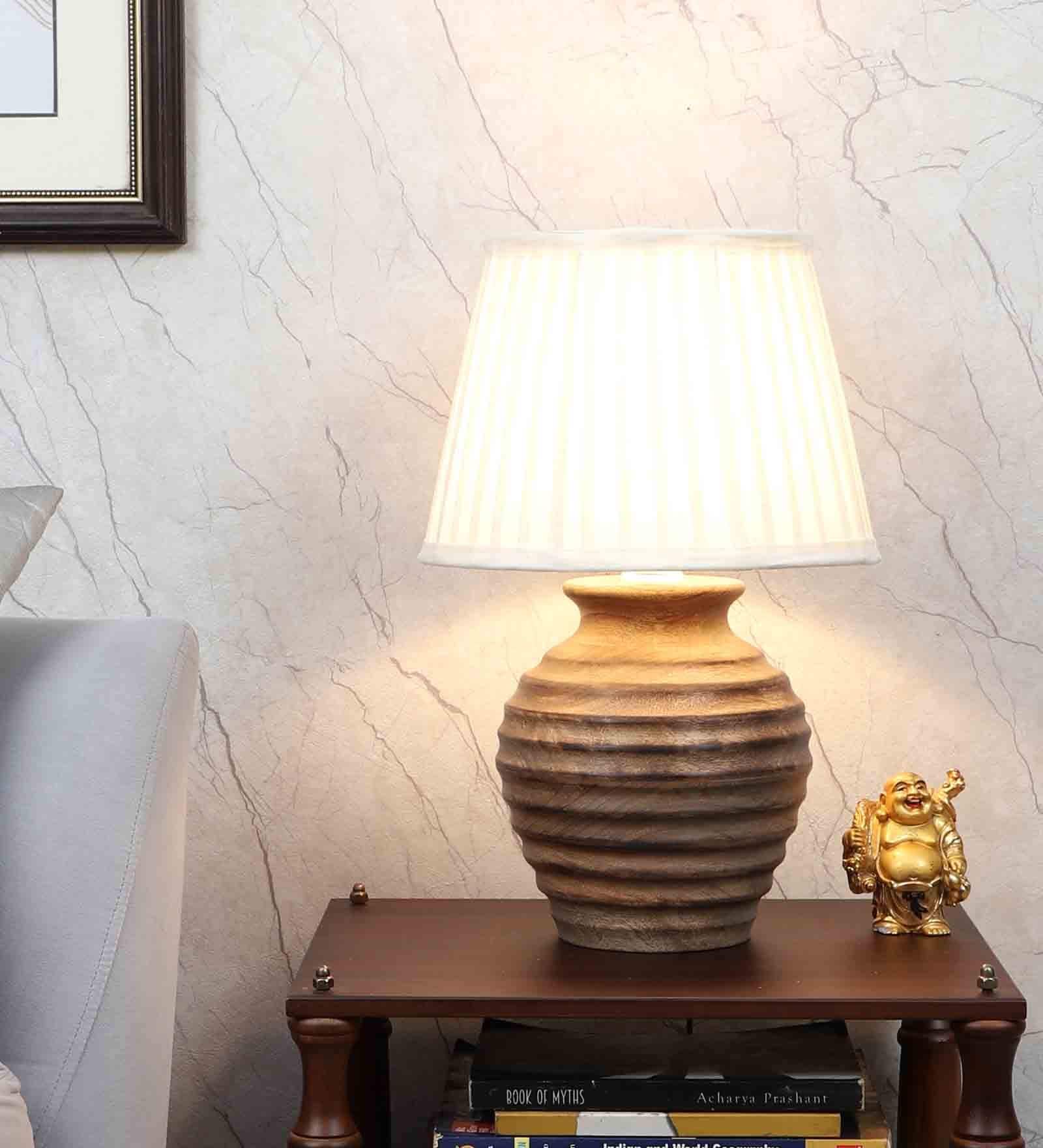 Off White Satin Shade Table Lamp With Mango Wood Base