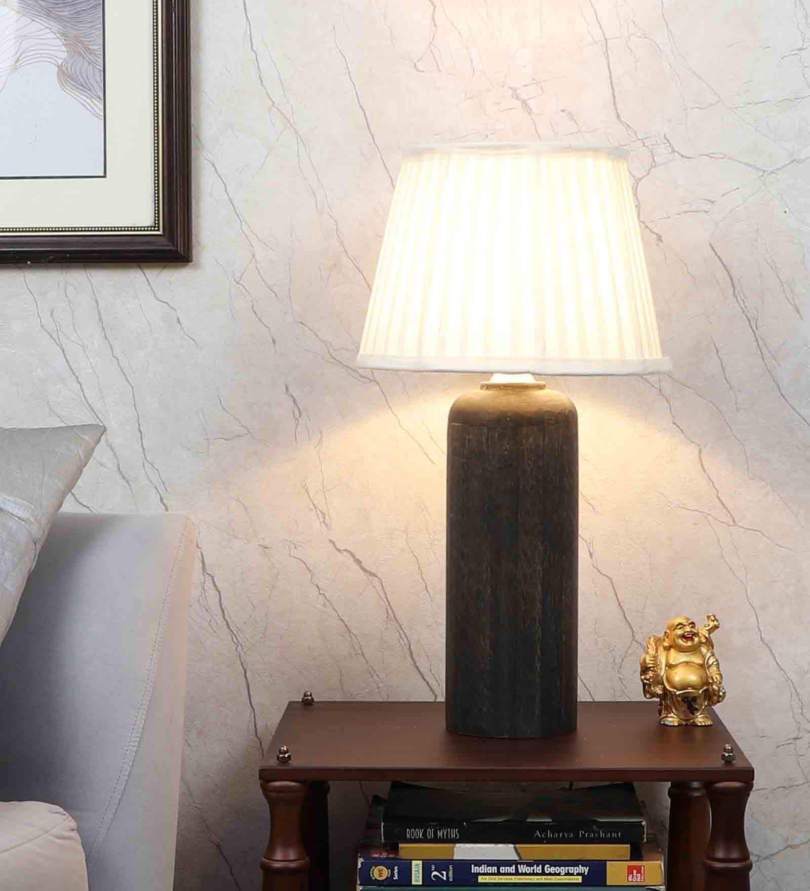 Off White Satin Shade Table Lamp With Mango Wood Base