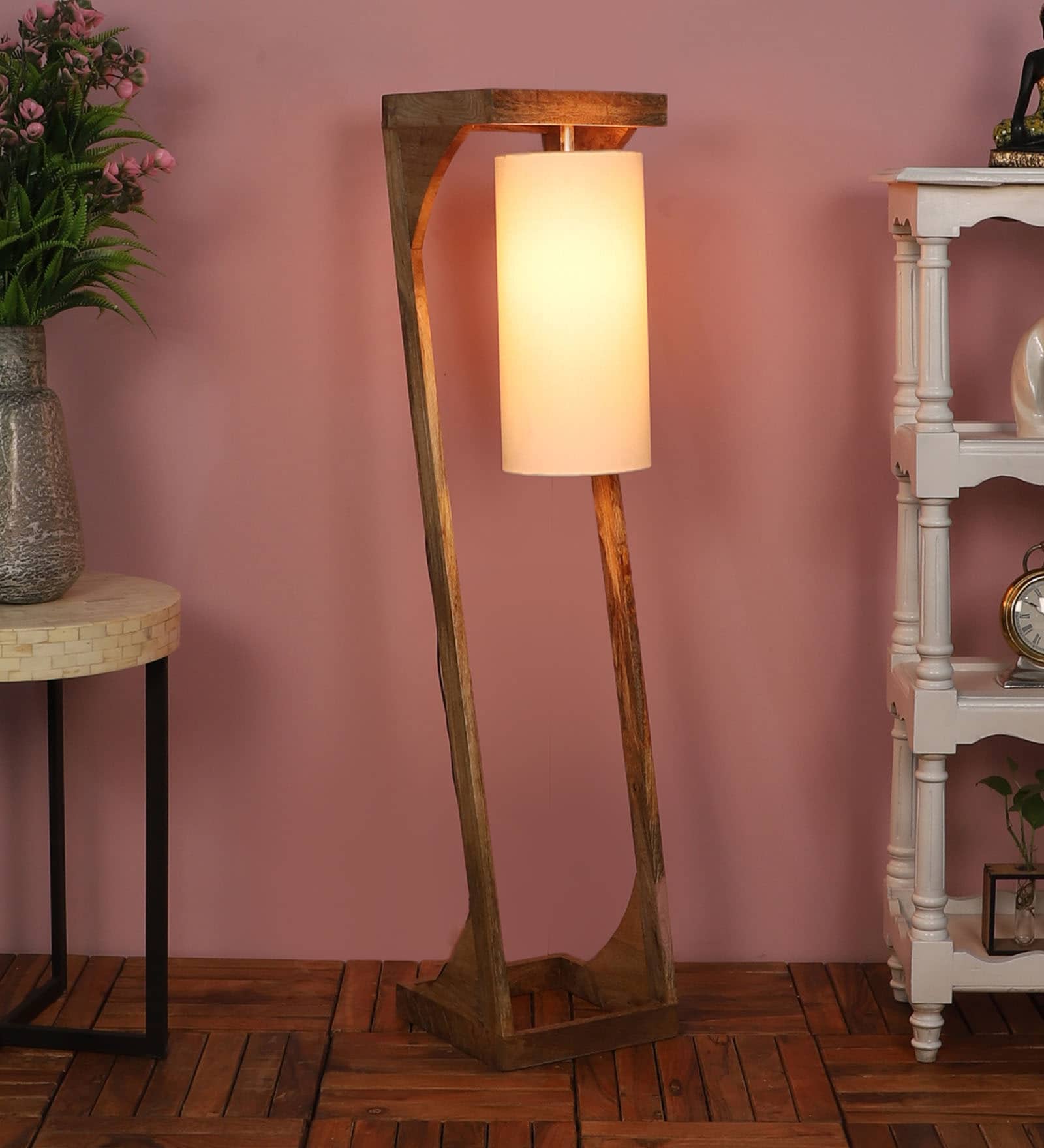 Off White Cotton Shade Novelty Floor Lamp With Mango wood Base