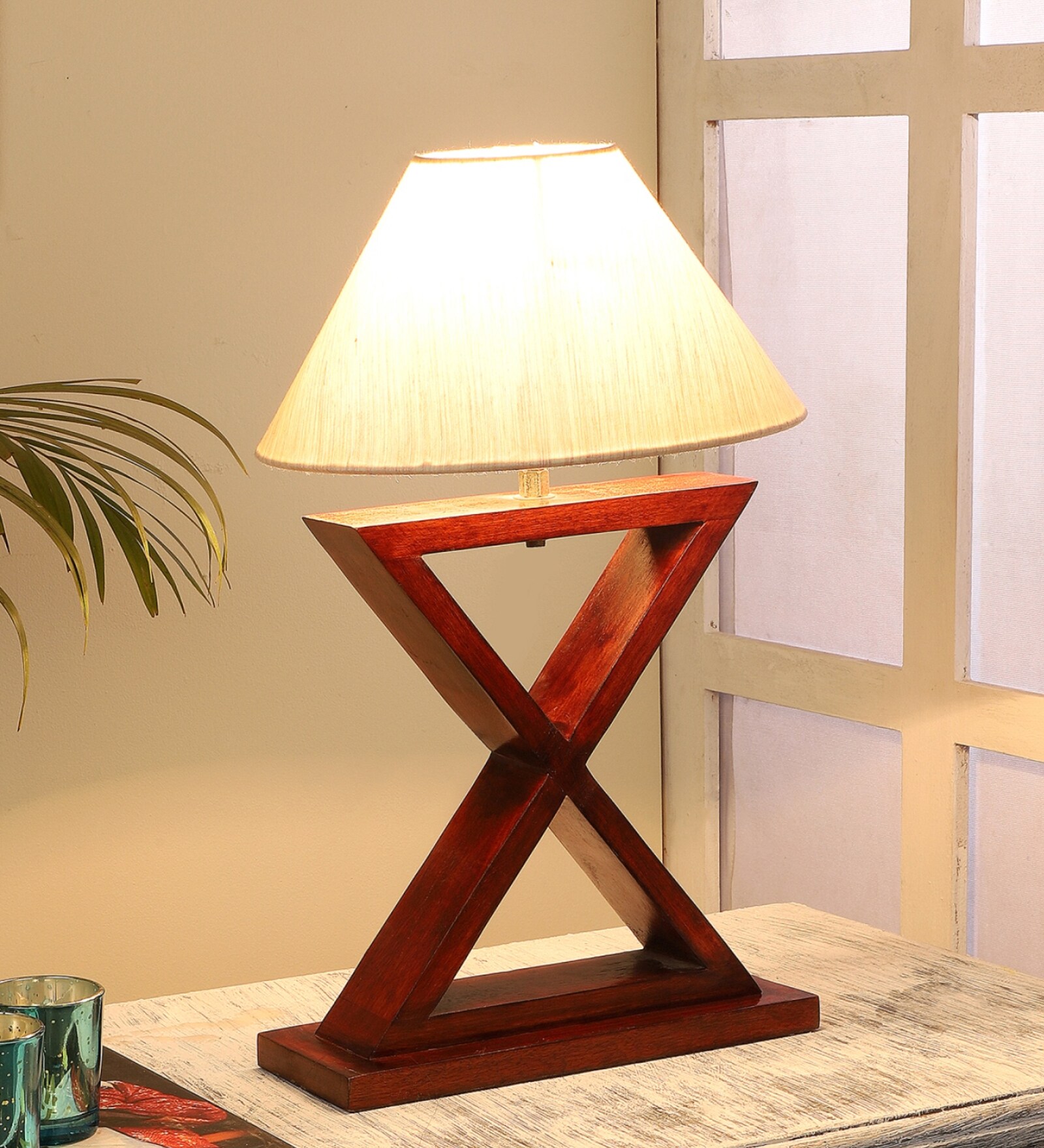 Off White Shade Table Lamp With Wood Base
