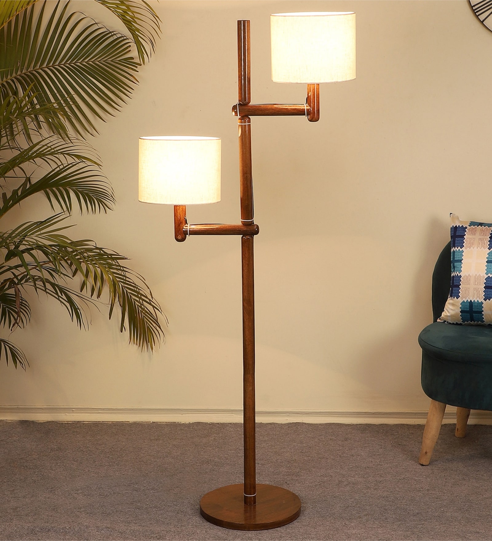 Emilia Off White Cotton and Acrylic Shade Novelty Floor Lamp With Mango wood Base
