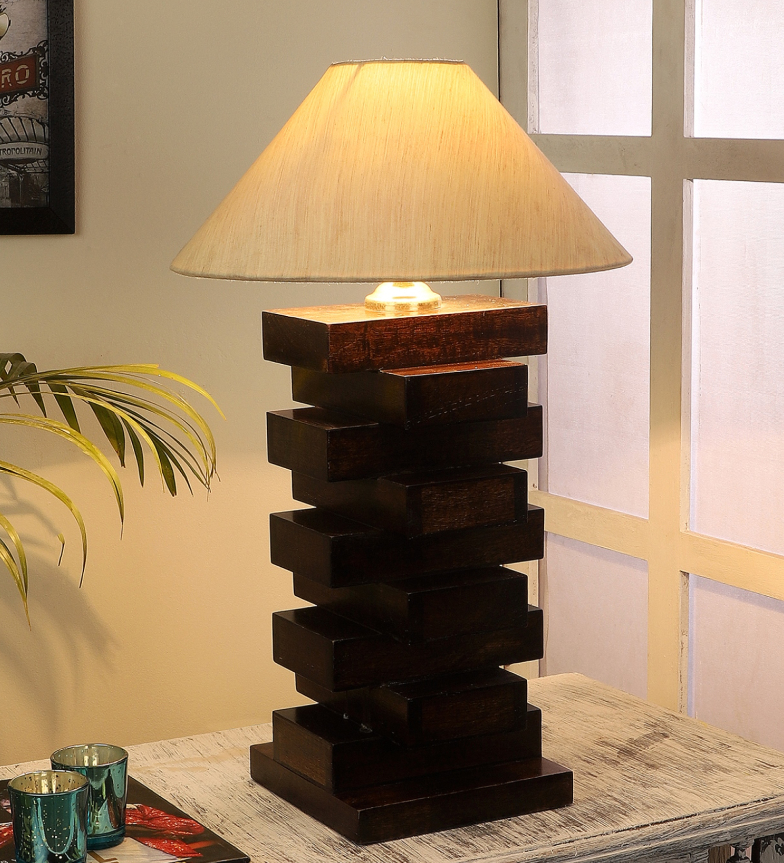 Off White Shade Table Lamp With Wood Base