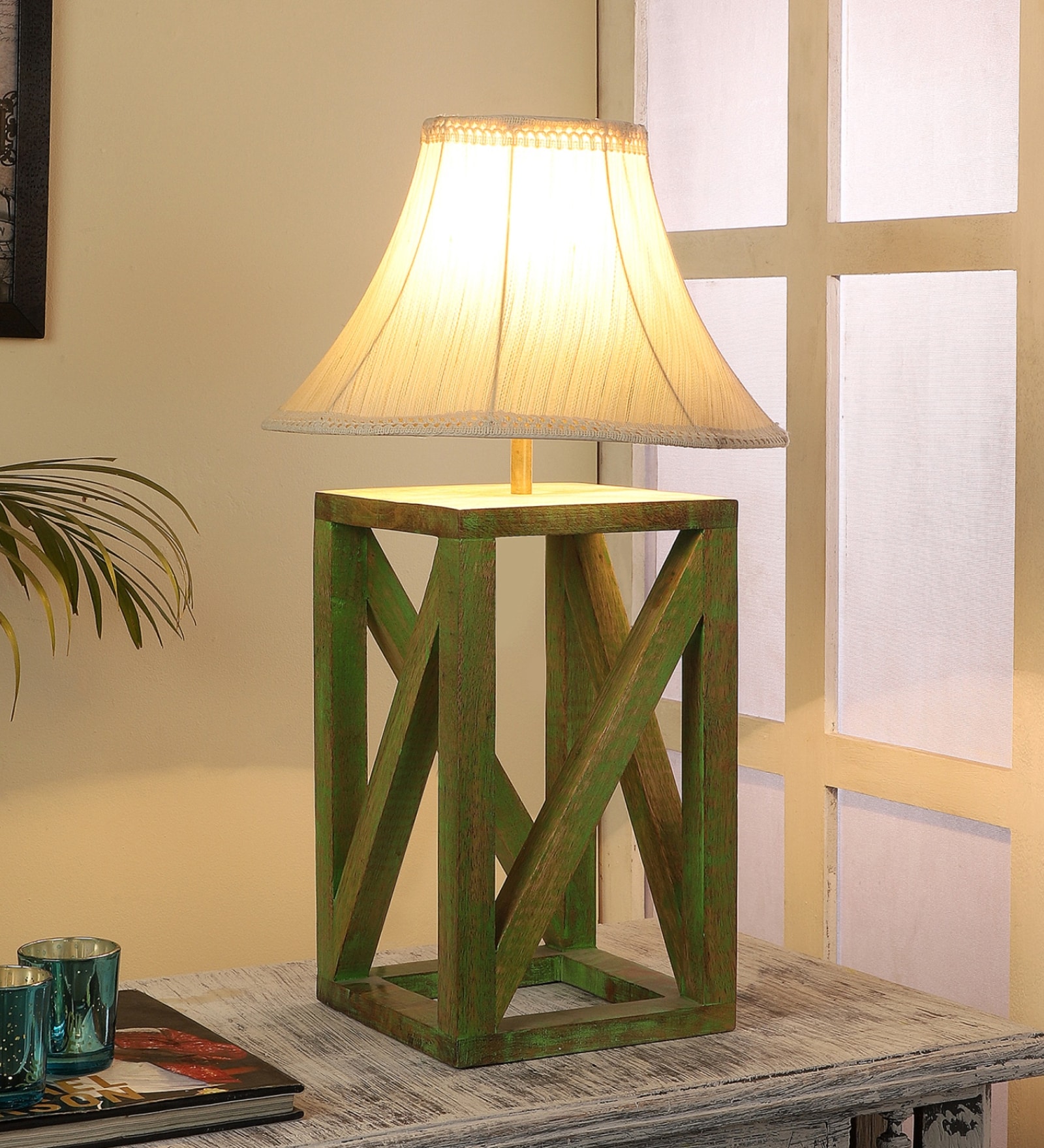 Off White Shade Table Lamp With Wood Base
