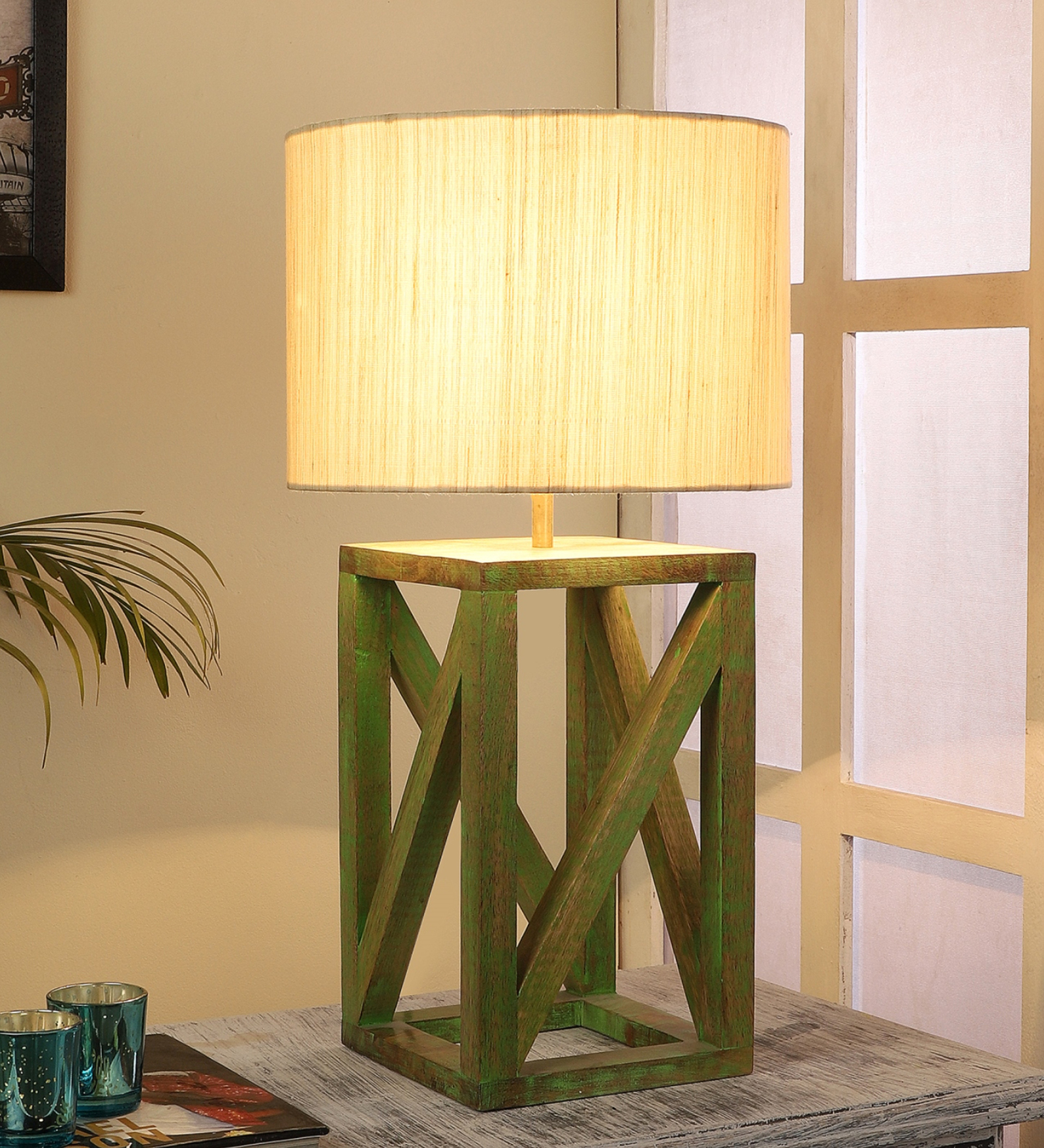 Beige Shade Table Lamp With Wood Base