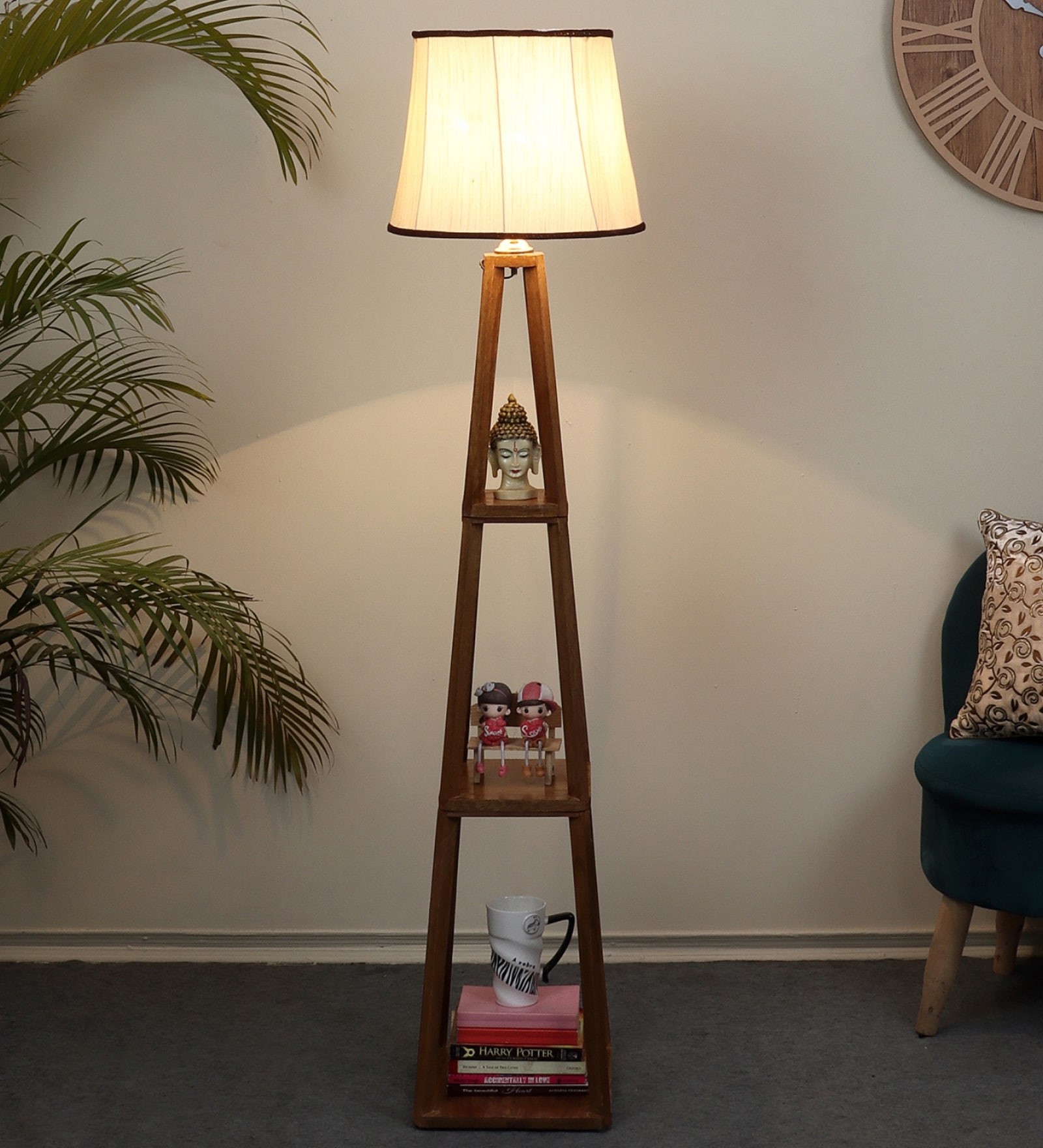 Century Off White Metal and Fabric Shade Shelf Floor Lamp With Mango wood Base