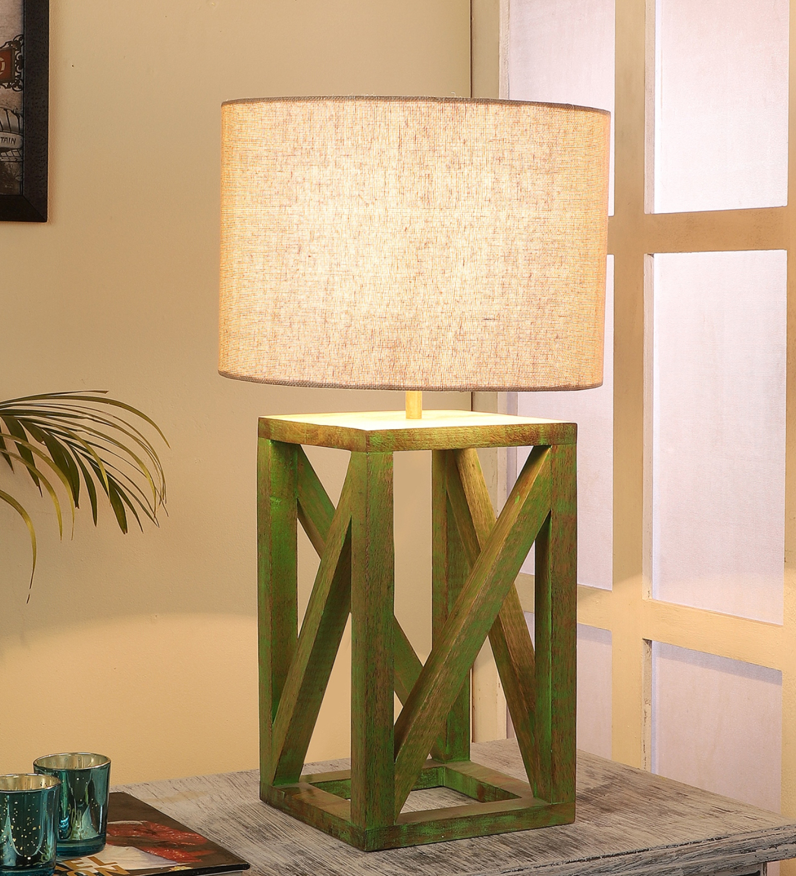 Off White Shade Table Lamp With Wood Base