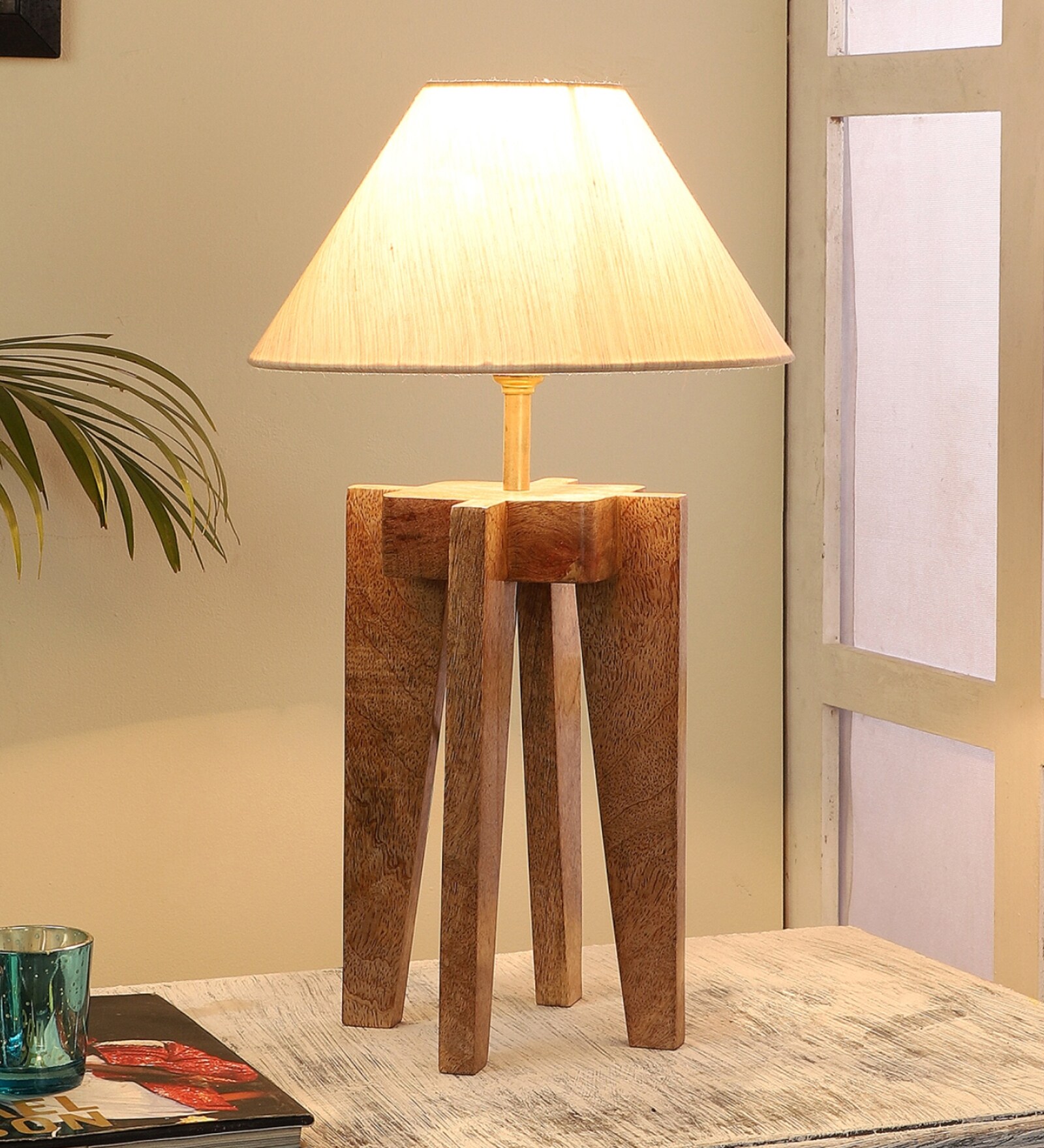 Off White Shade Table Lamp With Wood Base