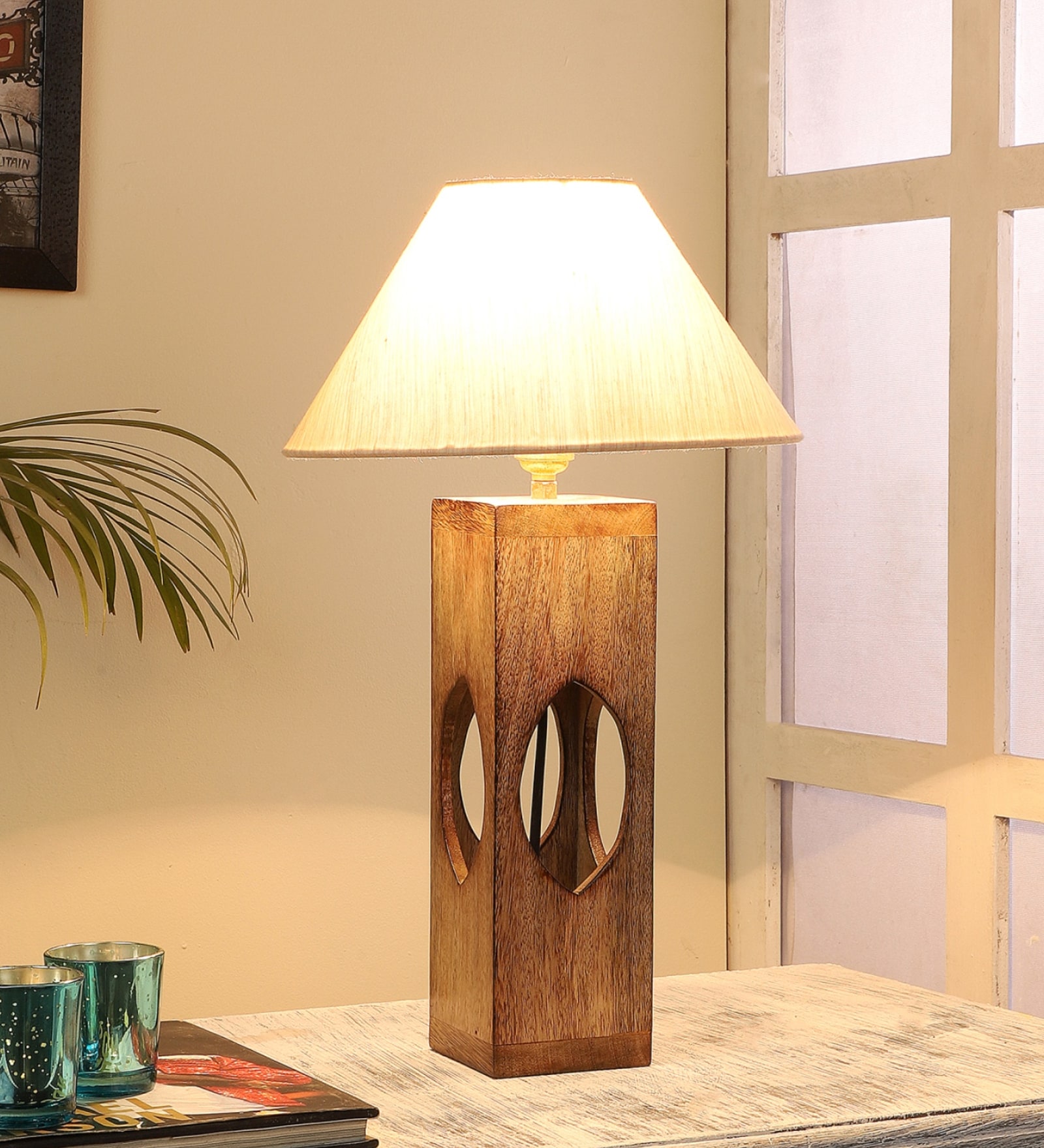 Off White Shade Table Lamp With Wood Base
