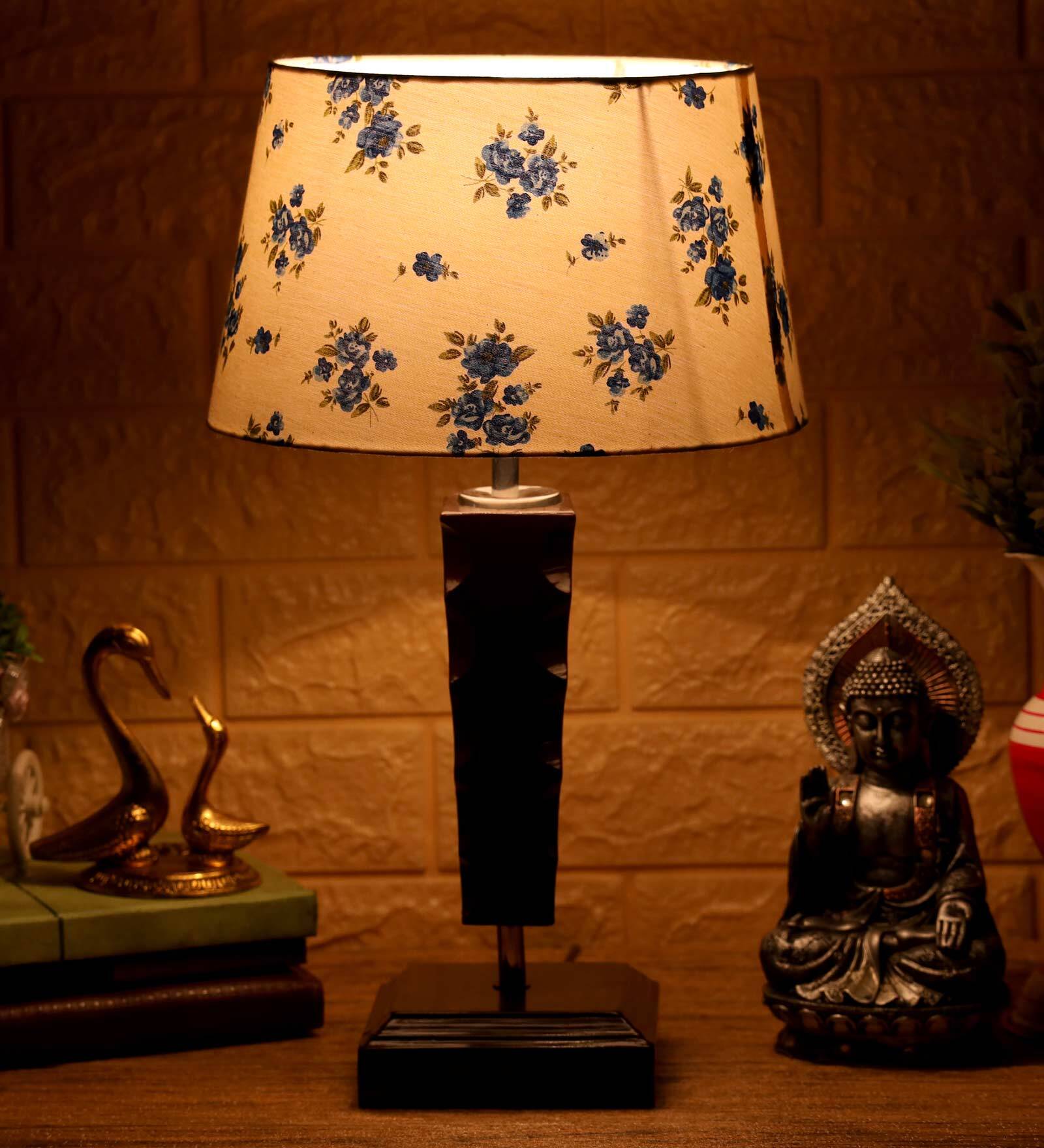 Damien Off White Fabric Shade Night Lamp With Wood Base