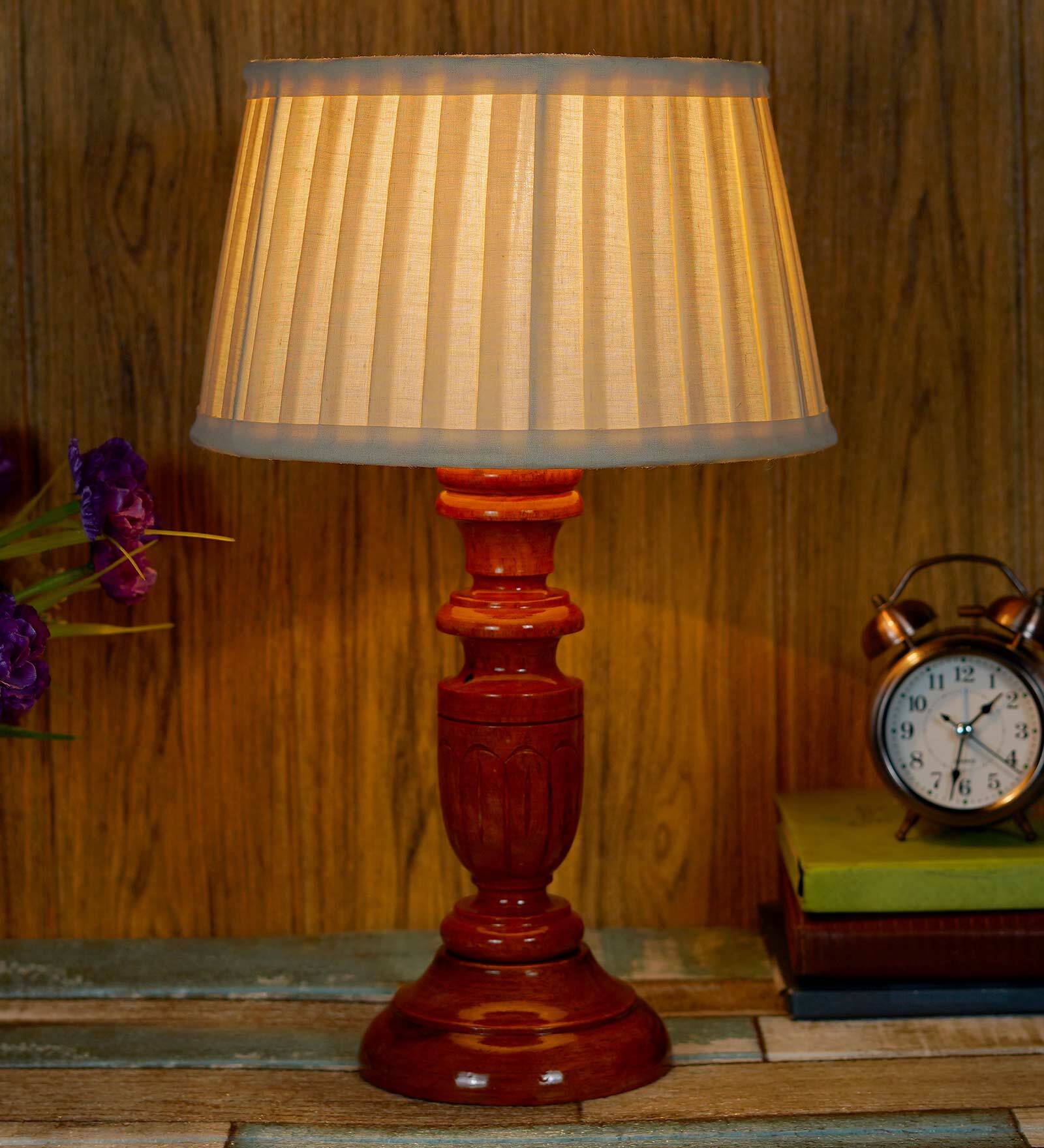 Lense Off White Fabric Shade Night Lamp With Wood Base