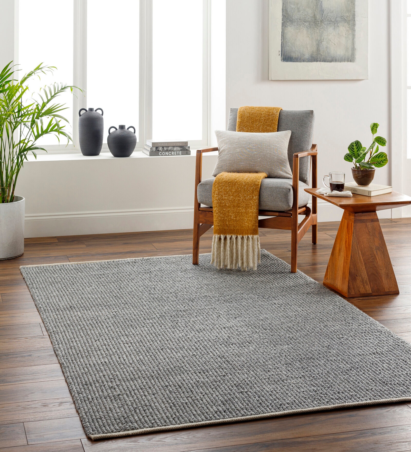 Grey Solid Pet Yarn 5 x 7 Feet Hand Woven Carpet
