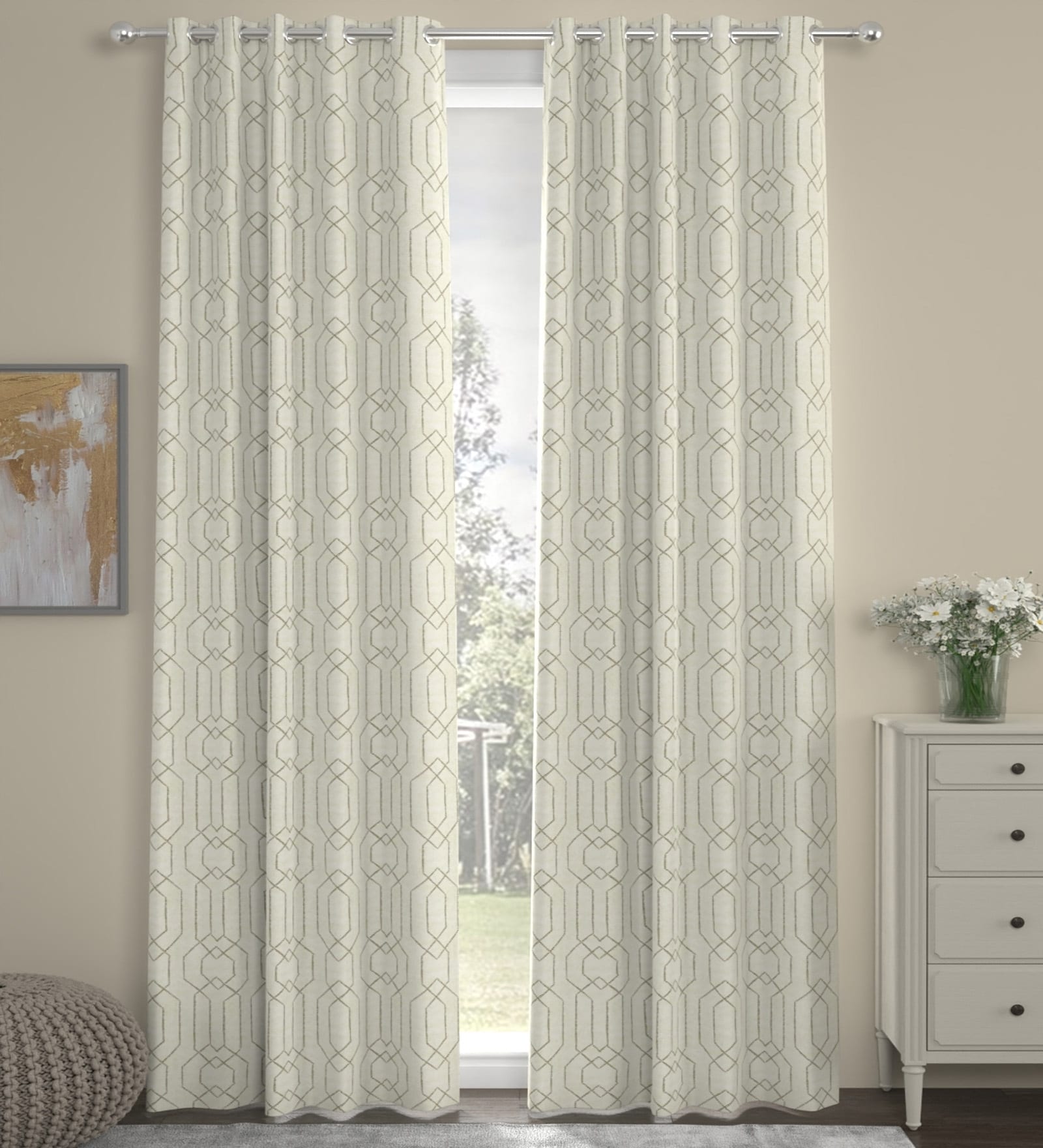 off White Velvet foil print 9ft Regular Eyelet Long Door Curtains (2 Pc)