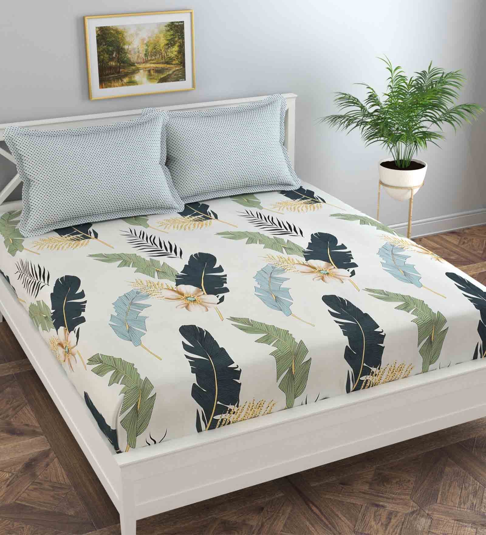 Off White Floral 130 TC Poly Cotton Queen Sized Bed Sheets with 2 Pillow Covers